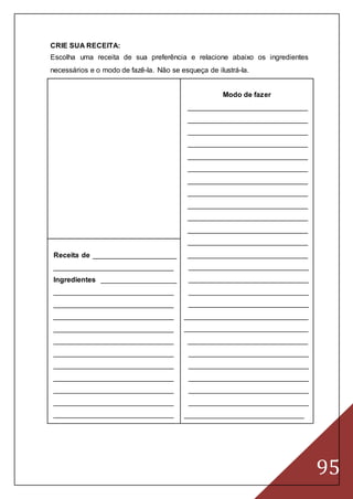 95
CRIE SUA RECEITA:
Escolha uma receita de sua preferência e relacione abaixo os ingredientes
necessários e o modo de fazê-la. Não se esqueça de ilustrá-la.
Modo de fazer
______________________________
______________________________
______________________________
______________________________
______________________________
______________________________
______________________________
______________________________
______________________________
______________________________
______________________________
______________________________
Receita de _____________________
______________________________
Ingredientes ___________________
______________________________
______________________________
______________________________
______________________________
______________________________
______________________________
______________________________
______________________________
______________________________
______________________________
______________________________
______________________________
______________________________
______________________________
______________________________
______________________________
_______________________________
_______________________________
______________________________
______________________________
______________________________
______________________________
______________________________
______________________________
______________________________
 
