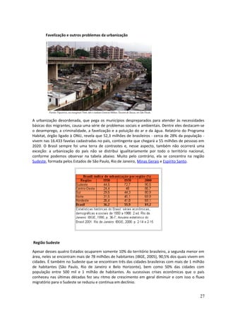 Favelização e outros problemas da urbanização 
A urbanização desordenada, que pega os municípios despreparados para atender às necessidades 
básicas dos migrantes, causa uma série de problemas sociais e ambientais. Dentre eles destacam-se 
o desemprego, a criminalidade, a favelização e a poluição do ar e da água. Relatório do Programa 
Habitat, órgão ligado à ONU, revela que 52,3 milhões de brasileiros - cerca de 28% da população - 
vivem nas 16.433 favelas cadastradas no país, contingente que chegará a 55 milhões de pessoas em 
2020. O Brasil sempre foi uma terra de contrastes e, nesse aspecto, também não ocorrerá uma 
exceção: a urbanização do país não se distribui igualitariamente por todo o território nacional, 
conforme podemos observar na tabela abaixo. Muito pelo contrário, ela se concentra na região 
Sudeste, formada pelos Estados de São Paulo, Rio de Janeiro, Minas Gerais e Espírito Santo. 
Região Sudeste 
Apesar desses quatro Estados ocuparem somente 10% do território brasileiro, a segunda menor em 
área, neles se encontram mais de 78 milhões de habitantes (IBGE, 2005), 90,5% dos quais vivem em 
cidades. É também no Sudeste que se encontram três das cidades brasileiras com mais de 1 milhão 
de habitantes (São Paulo, Rio de Janeiro e Belo Horizonte), bem como 50% das cidades com 
população entre 500 mil e 1 milhão de habitantes. As sucessivas crises econômicas que o país 
conheceu nas últimas décadas fez seu ritmo de crescimento em geral diminuir e com isso o fluxo 
migratório para o Sudeste se reduziu e continua em declínio. 
27 
 