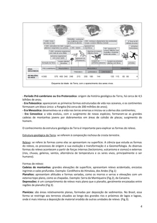 - Período Pré-cambriano ou Era Proterozóica: origem da história geológica da Terra, há cerca de 4,5 
bilhões de anos; 
- Era Paleozóica: apareceram as primeiras formas estruturadas de vida nos oceanos, e os continentes 
formavam um bloco único: a Pangéia (há cerca de 200 milhões de anos); 
- Era Mesozóica: desenvolveu-se a vida nas terras emersas e iniciou-se a deriva dos continentes; 
- Era Cenozóica: a vida evoluiu, com o surgimento de novas espécies; formaram-se as grandes 
cadeias de montanhas jovens por dobramentos em áreas de colisão de placas; surgimento do 
homem. 
O conhecimento da estrutura geológica da Terra é importante para explicar as formas do relevo. 
Estrutura geológica da Terra: se referem à composição rochosa da crosta terrestre. 
Relevo: se refere às formas como elas se apresentam na superfície. A ciência que estuda as formas 
do relevo, os processos de origem e sua evolução e transformação é a Geomorfologia. As diversas 
formas do relevo acontecem a partir de forças internas (tectonismo, vulcanismo e sismos) e externas 
(rios, chuvas, geleiras, ventos, alternância de temperatura e os seres vivos, principalmente o ser 
humano). 
Formas de relevo: 
Cadeias de montanhas: grandes elevações de superfície, apresentam relevo acidentado, encostas 
ingrimes e vales profundos. Exemplo: Cordilheira do Himalaia, dos Andes (Fig.1) 
Planaltos: apresentam altitudes e formas variadas, como os morros e serras e elevações com um 
extenso topo plano, como as chapadas. Exemplo: Serra da Mantiqueira (Fig.2), da Canastra. 
Depressões: é um compartimento de relevo mais plano que o planalto, geralmente encaixadas entre 
regiões de planalto (Fig.3). 
Planícies: são áreas relativamente planas, formadas por deposição de sedimentos. No Brasil, essa 
forma se restringe aos terrenos situados ao longo dos grandes rios e próximos de lagos e lagoas, 
onde é mais intensa a deposição de material erodido de outras unidades de relevo. (Fig.3). 
4 
 