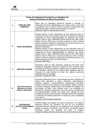 Centro Federal de Educação Tecnológica de Minas Gerais - Campus VIII - Varginha




                  Fases de Integração Econômica ou Estágios de
                      Desenvolvimento do Bloco Econômico

                                    Nesta fase de integração estuda-se somente a redução ou
1ª      ZONA DE LIVRE               eliminação das taxas alfandegárias que incidem sobre a troca de
         COMÉRCIO:                  mercadorias entre os países membros do bloco. Dependendo das
                                    negociações entre os países as taxas podem ou não cair.
                                    Exemplo: o NAFTA e futuramente a ALCA.

                                    Abertura parcial ou total, dependendo do que negociado entre os
                                    membros do bloco, dos mercados internos de cada país aos demais
                                    integrantes do bloco. Regulamentação do comércio com outras
                                    nações COM O USO UNIFICADO PELO BLOCO DE UMA Tarifa
                                    Externa Comum (TEC) para os países externos ao bloco. Política
                                    externa comercial unificada e negociações comerciais do bloco com
                                    países externos e do bloco com outros blocos.
2ª    UNIÃO ADUANEIRA:              Exemplo: MECOSUL.
                                    Abertura parcial ou total, dependendo do que negociado entre os
                                    membros do bloco, dos mercados internos de cada país aos demais
                                    integrantes do bloco. Regulamentação do comércio com outras
                                    nações COM O USO UNIFICADO PELO BLOCO DE UMA Tarifa
                                    Externa Comum (TEC) para os países externos ao bloco. Política
                                    externa comercial unificada e negociações comerciais do bloco com
                                    países externos e do bloco com outros blocos.
                                    Exemplo: MECOSUL.

                                    Superada a fase de união aduaneira, atinge-se uma forma mais
                                    elevada de integração econômica. Continua a TEC unificada. Livre
                                    circulação de pessoas, serviços e capitais entre os países membros
3ª    MERCADO COMUM:
                                    sem restrições .Adoção de uma padronização legislativa das leis
                                    nacionais de cada membro do bloco nos setores econômico
                                    trabalhista fiscal e ambiental.
                                    Exemplo: Européia até 1998.

                                    Evolução do Mercado Comum. Harmonização das leis e políticas em
                                    áreas como agricultura e pesca, transporte, meio-ambiente,
                                    indústria, pesquisa e desenvolvimento, saúde,justiça, educação,
                                    energia e turismo.Livre circulação de mercadorias, capitais, serviços
      União Econômica e             e pessoas. Qualquer cidadão pode morre trabalhar em qualquer um
4ª    Monetária ou União            dos países do bloco, como também votar e se candidatar ao
      Político e Monetária:         parlamento. Criação do parlamento, tribunais, bancos e organismos
                                    de desenvolvimento. Adoção de moeda única. Adoção de uma
                                    presidência (rotativa entre os países membros).apesar da unificação
                                    a soberania dos Estados Nacionais é mantida em uma coexistência
                                    com o bloco.
                                    Exemplo: união Européia atualmente.

                                    Próximo estágio de evolução dos blocos econômicos. Os Estados
         INTEGRAÇÃO                 Nacionais perdem sua soberania em prol de uma autoridade
5ª   POLÍTICO ECONOMICA             supranacionacional, apoiada por um parlamento, com poderes para
            TOTAL                   legislar e executar as políticas e leis do bloco. As decisões dessa
                                    autoridade devem ser acatadas por todos os estados
                                    membros.estágios ainda não alcançado por nenhum bloco mundial.




                  Curso Pró-Técnico. Disciplina: Geografia - Professor: Manoel Antônio Cardoso.                           46
 