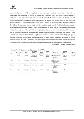 Centro Federal de Educação Tecnológica de Minas Gerais - Campus VIII - Varginha


exportada. Apenas em 1999, as maquiladoras respondem por metade do volume das vendas externas
mexicanas, que saltam de 83 bilhões de dólares em 1994 para 182,6 em 2000. Em contrapartida, o
Nafta torna a economia mexicana extremamente dependente da norte-americana. O desaquecimento
econômico dos EUA produz uma tendência recessiva do México nos últimos anos. Só que em função
de tais indústrias, a economia mexicana passa a ser a décima do mundo em 2000, depois da do Brasil.
Em 2001 o México passa a ser o maior pólo de investimentos diretos da América Latina, superando o
Brasil. Especialistas dizem que se a ALCA for implantada do modo que os Estados Unidos planejam,
uma onda sem precedentes de indústrias maquiladoras aportaram em território nacional. Seria este o
tipo de indústria e empregos almejados pelo povo e governo brasileiro? Empresas que entram e saem
sem o menor comprometimento com a nação, apenas com o lucro que ela possa dar. Empregos que na
verdade tornam-se subempregos, vistos que teriam os seus direitos e salários reduzidos ao mínimo
possível em prol do lucro. Tecnologias que apesar de se instalarem aqui nunca nos seriam repassadas.
Enfim, sena este o modelo de desenvolvimento e soberania nacional que queremos para o Brasil?
                                                                                 Autor: Prof. Cristiano Fonseca Dutra.


 Índices Gerais da economia dos países do NAFTA
                                      PIB (2000)                   Renda                             Saldo da
         População       IDH e         (US$ bi)         PNB         per-         Principais           Balança         Inflação
 País    (milhões)     ranking       crescimento      (US$ bi)     capita       Produtos de          Comercial      anual (em %)
           (2002)       (2000)        Médio (%)        (2000)      (US$)      Exportação (2002)       (US$ bi)         (2000)
                                     (1999/2000)                   (2000)                              (2000)
                                                                                  Manufatura
                                                                                    pesadas,
 EUA       288,5      0,939 (6)      9.837,7 (3,5)     9.601,5     34.100      equipamentos de        - 476,5                3
                                                                               transport e bens
                                                                                    consumo.
                                                                                   Veículos e
Canadá      31,3      0,940 (3)       687,9 (2,9)       649,8      21.130     autopeças, papel e       31,8                  3
                                                                                    madeira.
                                                                                    Petróleo,
                                                                                 manufaturas,
México     101,8      0,796 (54)      57,5 (3,1)        497,1       5.070      equipamentos de         - 16,2                9
                                                                                  transporte e
                                                                                    alimentos




                     Curso Pró-Técnico. Disciplina: Geografia - Professor: Manoel Antônio Cardoso.                               52
 