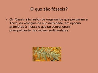 O que são fósseis? Os fósseis são restos de organismos que povoaram a Terra, ou vestígios da sua actividade, em épocas anteriores à  nossa e que se conservaram principalmente nas rochas sedimentares. 