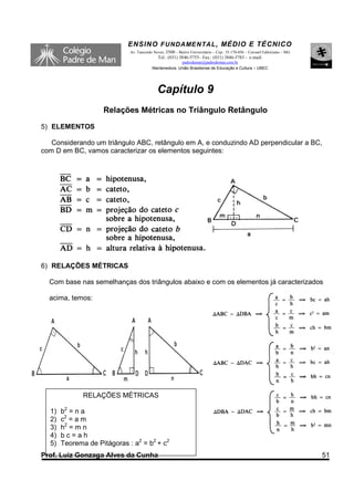 ENSINO F UNDAME NTAL , MÉDIO E TÉCNICO
                             Av. Tancredo Neves, 3500 – Bairro Universitário – Cep.: 35.170-056 – Coronel Fabriciano – MG
                                            Tel.: (031) 3846-5755– Fax.: (031) 3846-5783 - e-mail:
                                                       padredeman@padredeman.com.br
                                         Mantenedora: União Brasiliense de Educação e Cultura – UBEC




                                            Capítulo 9
                    Relações Métricas no Triângulo Retângulo
5) ELEMENTOS

   Considerando um triângulo ABC, retângulo em A, e conduzindo AD perpendicular a BC,
com D em BC, vamos caracterizar os elementos seguintes:




6) RELAÇÕES MÉTRICAS

  Com base nas semelhanças dos triângulos abaixo e com os elementos já caracterizados

  acima, temos:




              RELAÇÕES MÉTRICAS

  1)   b2 = n a
  2)   c2 = a m
  3)   h2 = m n
  4)   bc=ah
  5)   Teorema de Pitágoras : a2 = b2 + c2
Prof. Luiz Gonzaga Alves da Cunha                                                                                           51
 