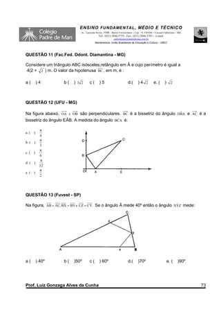 ENSINO F UNDAME NTAL , MÉDIO E TÉCNICO
                            Av. Tancredo Neves, 3500 – Bairro Universitário – Cep.: 35.170-056 – Coronel Fabriciano – MG
                                           Tel.: (031) 3846-5755– Fax.: (031) 3846-5783 - e-mail:
                                                      padredeman@padredeman.com.br
                                        Mantenedora: União Brasiliense de Educação e Cultura – UBEC



QUESTÃO 11 (Fac.Fed. Odont. Diamantina - MG)

Considere um triângulo ABC isósceles,retângulo em Â e cujo perímetro é igual a
4(2 + 2 ) m. O valor da hipotenusa BC , em m, é :

a(         )4      b(   ) 3 2      c(       )5                         d.(      )4 2          e. (      )     2




QUESTÃO 12 (UFU - MG)

                                                                           ˆ
Na figura abaixo, OA e OB são perpendiculares. BC é a bissetriz do ângulo DBA e AC é a
                                             ˆ
bissetriz do ângulo EÂB. A medida do ângulo BCA é:

             π
a. (   )
             4
             π
b. (   )
             3
             π
c. (   )
             6
              π
d. (   )
             12
             π
e. (   )
             2




QUESTÃO 13 (Fuvest - SP)

Na figura, AB = AC, BX = BY e CZ = CY. Se o ângulo Â mede 40º então o ângulo XYZ mede:
                                                                              ˆ




a(         ) 40º   b(   )50º       c(       ) 60º                      d.(      )70º                        e. (    )90º




Prof. Luiz Gonzaga Alves da Cunha                                                                                          73
 