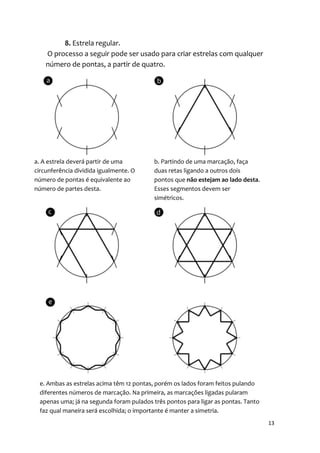 8. Estrela regular.
    O processo a seguir pode ser usado para criar estrelas com qualquer
    número de pontas, a partir de quatro.




a. A estrela deverá partir de uma         b. Partindo de uma marcação, faça
circunferência dividida igualmente. O     duas retas ligando a outros dois
número de pontas é equivalente ao         pontos que não estejam ao lado desta.
número de partes desta.                   Esses segmentos devem ser
                                          simétricos.




 e. Ambas as estrelas acima têm 12 pontas, porém os lados foram feitos pulando
 diferentes números de marcação. Na primeira, as marcações ligadas pularam
 apenas uma; já na segunda foram pulados três pontos para ligar as pontas. Tanto
 faz qual maneira será escolhida; o importante é manter a simetria.
                                                                                   13
 