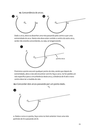 10. Concordância de arcos.




 Dado o arco, deve-se desenhar uma reta passando pelo centro e por uma
 extremidade do arco. Nesta reta deve estar contido o centro do outro arco,
 senão não estarão concordando, ou seja, se tangenciando.




 Posicione a ponta seca em qualquer ponto da reta, sendo que depois da
 extremidade, abra o raio até encontrar com B e faça o arco. Se for pedido um
 raio específico para a circunferência deste arco, a distância de B até o novo
 centro deve ter a medida do raio.

10.1 Concordar dois arcos passando por um ponto dado.




a. Dados o arco e o ponto, faça como no item anterior: trace uma reta
partindo de O e passando em B.

                                                                                 15
 