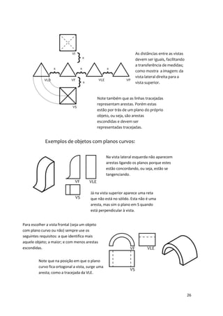 As distâncias entre as vistas
                                                                   devem ser iguais, facilitando
                                                                   a transferência de medidas;
                                                                   como mostra a imagem: da
                                                                   vista lateral direita para a
                                                                   vista superior.


                                            Note também que as linhas tracejadas
                                            representam arestas. Porém estas
                                            estão por trás de um plano do próprio
                                            objeto, ou seja, são arestas
                                            escondidas e devem ser
                                            representadas tracejadas.


             Exemplos de objetos com planos curvos:

                                                   Na vista lateral esquerda não aparecem
                                                   arestas ligando os planos porque estes
                                                   estão concordando, ou seja, estão se
                                                   tangenciando.



                                        Já na vista superior aparece uma reta
                                        que não está no sólido. Esta não é uma
                                        aresta, mas sim o plano em S quando
                                        está perpendicular à vista.


Para escolher a vista frontal (seja um objeto
com plano curvo ou não) sempre use os
seguintes requisitos: a que identifica mais
aquele objeto; a maior; e com menos arestas
escondidas.


         Note que na posição em que o plano
         curvo fica ortogonal a vista, surge uma
         aresta; como a tracejada da VLE.




                                                                                                   26
 