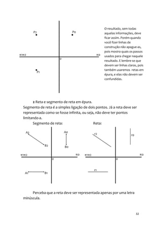 O resultado, sem todas
                                                  aquelas informações, deve
                                                  ficar assim. Porém quando
                                                  você fizer linhas de
                                                  construção não apague-as,
                                                  pois mostra quais os passos
                                                  usados para chegar naquele
                                                  resultado. E lembre-se que
                                                  devem ser linhas claras, pois
                                                  também usaremos retas em
                                                  épura, e elas não devem ser
                                                  confundidas.




      2 Reta e segmento de reta em épura.
Segmento de reta é a simples ligação de dois pontos. Já a reta deve ser
representada como se fosse infinita, ou seja, não deve ter pontos
limitando-a.
      Segmento de reta:                     Reta:




     Perceba que a reta deve ser representada apenas por uma letra
minúscula.



                                                                         32
 