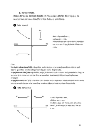 2.1 Tipos de reta.
   Dependendo da posição da reta em relação aos planos de projeção, ela
   receberá denominações diferentes. Existem sete tipos.

       Reta frontal



                                                 A reta é paralela a π2,
                                                 oblíqua a π1 e π0.
                                                 Portanto está em Verdadeira Grandeza
                                                 em π2, e em Projeção Reduzida em π1
                                                 e π0.




Obs.:
Verdadeira Grandeza (VG) – Quando a projeção tem a mesma dimensão do objeto real.
Ocorre quando o objeto está paralelo àquele plano de projeção.
Projeção Reduzida (PR) – Quando a projeção é menor que o objeto real, porém não chega a
ser o mínimo, como um ponto. Ocorre quando o objeto está oblíquo àquele plano de
projeção.
Projeção Acumulada (PA) – Quando uma dimensão do objeto do objeto está resumida a um
ponto na projeção, ou seja, quando o objeto está ortogonal ao plano de projeção

       Reta horizontal



                                               A reta é paralela a π1,
                                               oblíqua a π2 e π0.
                                               Portanto está em Verdadeira Grandeza
                                               em π1, e em Projeção Reduzida em π2
                                               e π0.




                                                                                 33
 