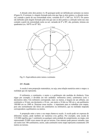 21
A direção entre dois pontos A e B quaisquer pode ser definida por azimutes ou rumos
(Figura 8). O azimute é o ângulo formado pela reta que liga os dois pontos e a direção norte-
sul, contado a partir de sua extremidade norte, variando de 0o
a 360o
(ex. N135o
). Os rumos
são definidos pelo ângulo formado pela reta que une os dois pontos e a direção norte-sul, mas
contado a partir da extremidade norte ou sul, variando de 0o
a 90o
, são, portanto, leituras em
quadrantes (ex. S45o
E ou 45o
SE)
Fig. 8 - Equivalência entre rumos e azimutes
2.5 - Escala
A escala é uma proporção matemática, ou seja, uma relação numérica entre o mapa e a
realidade que ele representa.
O milímetro, o centímetro, o metro e o quilômetro são medidas de distância. Uma
régua por exemplo, é dividida em três unidades: milímetros (mm), centímetros (cm) e
decímetros (dm). Um milímetro corresponde, mais ou menos, à largura de um alfinete, um
centímetro a 10 mm, um decímetro a 10 cm , um metro a 10 dm ou 100 cm e, um quilômetro
100.000 cm ou 1000 m. Dominar essas noções é importante para se trabalhar com mapas,
pois eles normalmente são feitos em centímetros ou milímetros, que na realidade mapeada
correspondem a quilômetros ou metros.
A proporção entre a terra e seu mapa chama-se escala. A escala pode ser expressa de
diferentes modos, pode também ser numérica e/ou gráfica. Por exemplo, uma escala de
1/25.000 significa que 1 centímetro ou qualquer outra unidade de comprimento, no mapa, está
representado 25.000 vezes menor do que no terreno. Este número pode parecer estranho, mas
um metro tem 100 centímetros; assim, cada centímetro neste mapa representa exatamente 250
metros no terreno.
 