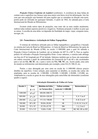 35
Projeção Cônica Conforme de Lambert (conforme)- A existência de duas linhas de
contato com a superfície nos fornece uma área maior com baixo nível de deformação. Isto faz
com que esta projeção seja bastante útil para regiões que se estendam na direção este-oeste,
porém pode ser utilizada em quaisquer latitudes. A partir de 1962, foi adotada para a Carta
Internacional do Mundo ao Milionésimo.
Existem ainda outros tipos de projeções, mas estas são as mais usadas atualmente,
embora todas tenham aspectos positivos e negativos. Nenhuma projeção é melhor ou pior que
as outras. A escolha de uma delas vai depender da finalidade do mapa: viajar, comparar áreas,
navegar, etc.
2.8 - Nomeclatura e Articulação de Folhas Topográficas
O sistema de referência utilizado para as folhas topográficas e geográficas é baseado
no sistema da Carta do Brasil ao Milionésimo. A Carta do Brasil ao Milionésimo faz parte da
Carta Internacional do Mundo (CIM), na escala 1:1.000.000, para a qual foi adotada a
Projeção Cônica Conforme de Lambert, até as latitudes de 84o N e 80o S. Para as regiões
polares foi utilizada a Projeção Estereográfica Polar. Como sabemos, o sistema todo abrange
um fuso de 6o de longitude por 4o de latitude. Sabemos também que os fusos são numerados
em ordem crescente a partir do antimeridiano de Greenwich de 0 até 60 e são escalonados
para o sul em SA, SB, SC, etc. e para o norte em NA, NB, NC, etc. Assim sendo, uma carta
do mundo ao milionésimo será denominada, por exemplo, como SA-23, NB-22, etc.
Porém, a área abrangida por uma carta na escala de 1:1.000.000 oferece poucos
detalhes da superfície. Como solução, para aumentar os detalhes, as escalas das cartas são
ampliadas, para as escalas de: 1:500.000, 1:250.000, 1:100.000, 1:50.000, 1:25.000, etc.
Ampliando-se a escala os graus de arco abrangidos pela carta/folha são diminuídos (conforme
quadro a seguir).
Articulação Sistemática de Folhas de Cartas
Escala 1/ Área
φ
φ
φ
φ x λ
λ
λ
λ
Medidas da Folha
no Terreno (Km)
Folhas contidas
numa de 1:1.000.000
Nomenclatura
1.000.000 4o x 6
o
444,48 x 666,72 1 -
500.000 2o x 3o 222,24 x 333,36 4 V, X, Y ou Z
250.000 1o x 1,5o 111,12 x 166,68 16 A, B, C ou D
100.000 30' x 30' 55,56 x 55,56 96 I, II, III, IV, V ou VI
50.000 15' x 15' 27,78 x 27,78 384 1, 2, 3 ou 4
25.000 7,5' x 7,5' 13,89 x 13,89 1.536 NE, NO, SE ou SO
 