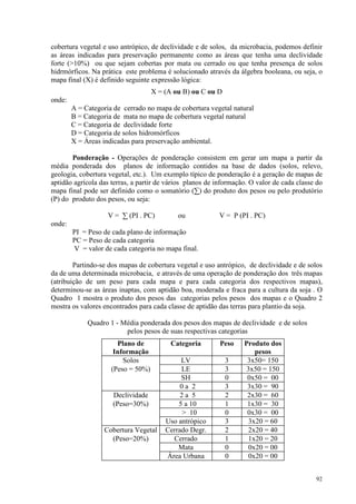 92
cobertura vegetal e uso antrópico, de declividade e de solos, da microbacia, podemos definir
as áreas indicadas para preservação permanente como as áreas que tenha uma declividade
forte (10%) ou que sejam cobertas por mata ou cerrado ou que tenha presença de solos
hidrmórficos. Na prática este problema é solucionado através da álgebra booleana, ou seja, o
mapa final (X) é definido seguinte expressão lógica:
X = (A ou B) ou C ou D
onde:
A = Categoria de cerrado no mapa de cobertura vegetal natural
B = Categoria de mata no mapa de cobertura vegetal natural
C = Categoria de declividade forte
D = Categoria de solos hidromórficos
X = Áreas indicadas para preservação ambiental.
Ponderação - Operações de ponderação consistem em gerar um mapa a partir da
média ponderada dos planos de informação contidos na base de dados (solos, relevo,
geologia, cobertura vegetal, etc.). Um exemplo típico de ponderação é a geração de mapas de
aptidão agrícola das terras, a partir de vários planos de informação. O valor de cada classe do
mapa final pode ser definido como o somatório (∑) do produto dos pesos ou pelo produtório
(P) do produto dos pesos, ou seja:
V = ∑ (PI . PC) ou V = P (PI . PC)
onde:
PI = Peso de cada plano de informação
PC = Peso de cada categoria
V = valor de cada categoria no mapa final.
Partindo-se dos mapas de cobertura vegetal e uso antrópico, de declividade e de solos
da de uma determinada microbacia, e através de uma operação de ponderação dos três mapas
(atribuição de um peso para cada mapa e para cada categoria dos respectivos mapas),
determinou-se as áreas inaptas, com aptidão boa, moderada e fraca para a cultura da soja . O
Quadro 1 mostra o produto dos pesos das categorias pelos pesos dos mapas e o Quadro 2
mostra os valores encontrados para cada classe de aptidão das terras para plantio da soja.
Quadro 1 - Média ponderada dos pesos dos mapas de declividade e de solos
pelos pesos de suas respectivas categorias
Plano de
Informação
Categoria Peso Produto dos
pesos
Solos LV 3 3x50= 150
(Peso = 50%) LE 3 3x50 = 150
SH 0 0x50 = 00
0 a 2 3 3x30 = 90
Declividade 2 a 5 2 2x30 = 60
(Peso=30%) 5 a 10 1 1x30 = 30
 10 0 0x30 = 00
Uso antrópico 3 3x20 = 60
Cobertura Vegetal Cerrado Degr. 2 2x20 = 40
(Peso=20%) Cerrado 1 1x20 = 20
Mata 0 0x20 = 00
Área Urbana 0 0x20 = 00
 