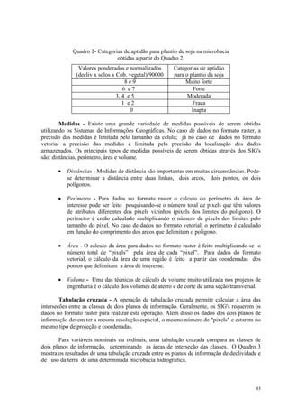 93
Quadro 2- Categorias de aptidão para plantio de soja na microbacia
obtidas a partir do Quadro 2.
Valores ponderados e normalizados
(decliv x solos x Cob. vegetal)/90000
Categorias de aptidão
para o plantio da soja
8 e 9 Muito forte
6 e 7 Forte
3, 4 e 5 Moderada
1 e 2 Fraca
0 Inapta
Medidas - Existe uma grande variedade de medidas possíveis de serem obtidas
utilizando os Sistemas de Informações Geográficas. No caso de dados no formato raster, a
precisão das medidas é limitada pelo tamanho da célula; já no caso de dados no formato
vetorial a precisão das medidas é limitada pela precisão da localização dos dados
armazenados. Os principais tipos de medidas possíveis de serem obtidas através dos SIG's
são: distâncias, perímetro, área e volume.
• Distâncias - Medidas de distância são importantes em muitas circunstâncias. Pode-
se determinar a distância entre duas linhas, dois arcos, dois pontos, ou dois
polígonos.
• Perímetro - Para dados no formato raster o cálculo do perímetro da área de
interesse pode ser feito pesquisando-se o número total de pixels que têm valores
de atributos diferentes dos pixels vizinhos (pixels dos limites do polígono). O
perímetro é então calculado multiplicando o número de pixels dos limites pelo
tamanho do pixel. No caso de dados no formato vetorial, o perímetro é calculado
em função do comprimento dos arcos que delimitam o polígono.
• Área - O cálculo da área para dados no formato raster é feito multiplicando-se o
número total de “pixels” pela área de cada “pixel”. Para dados do formato
vetorial, o cálculo da área de uma região é feito a partir das coordenadas dos
pontos que delimitam a área de interesse.
• Volume - Uma das técnicas de cálculo de volume muito utilizada nos projetos de
engenharia é o cálculo dos volumes de aterro e de corte de uma seção transversal.
Tabulação cruzada - A operação de tabulação cruzada permite calcular a área das
interseções entre as classes de dois planos de informação. Geralmente, os SIG's requerem os
dados no formato raster para realizar esta operação. Além disso os dados dos dois planos de
informação devem ter a mesma resolução espacial, o mesmo número de pixels e estarem no
mesmo tipo de projeção e coordenadas.
Para variáveis nominais ou ordinais, uma tabulação cruzada compara as classes de
dois planos de informação, determinando as áreas de interseção das classes. O Quadro 3
mostra os resultados de uma tabulação cruzada entre os planos de informação de declividade e
de uso da terra de uma determinada microbacia hidrográfica.
 