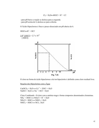 Cl2 + H2O↔HOCl + H+
+ Cl-
- para pH baixo a reação se desloca para a esquerda.
- para pH acima de 4, desloca-se para a direita.
O Ácido Hipocloroso é fraco e pouco dissociado em pH abaixo de 6.
HOCl↔H+
+ OCl-
[ H+
] [OCl-
] = 2,7 x 10-8
[ HOCl]
Fig. 7.26
O cloro na forma de ácido hipocloroso e de íon hipoclorito é definido como cloro residual livre.
Reações dos Hipocloritos com a Água
Ca(OCl)2 + H2O ↔ Ca++
+ 2OCl-
+ H2O
NaOCl + H2O ↔ Na+
+ OCl-
+ H2O
Cloro Combinado - O cloro com a amônia reage e forma compostos denominados cloraminas.
NH4
+
+ HOCl ↔ NH2Cl + H+
+ H2O
NH2Cl + HOCl ↔ NHCl2 + H2O
NHCl2 + HOCl ↔ NCl3 + H2O
42
 