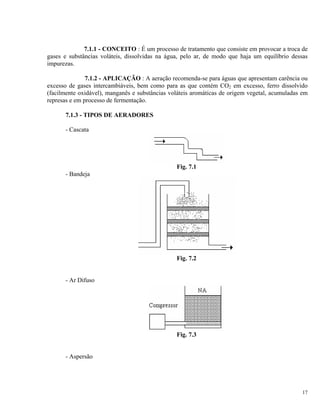 7.1.1 - CONCEITO : É um processo de tratamento que consiste em provocar a troca de
gases e substâncias voláteis, dissolvidas na água, pelo ar, de modo que haja um equilíbrio dessas
impurezas.
7.1.2 - APLICAÇÃO : A aeração recomenda-se para águas que apresentam carência ou
excesso de gases intercambiáveis, bem como para as que contém CO2 em excesso, ferro dissolvido
(facilmente oxidável), manganês e substâncias voláteis aromáticas de origem vegetal, acumuladas em
represas e em processo de fermentação.
7.1.3 - TIPOS DE AERADORES
- Cascata
Fig. 7.1
- Bandeja
Fig. 7.2
- Ar Difuso
Fig. 7.3
- Aspersão
17
 