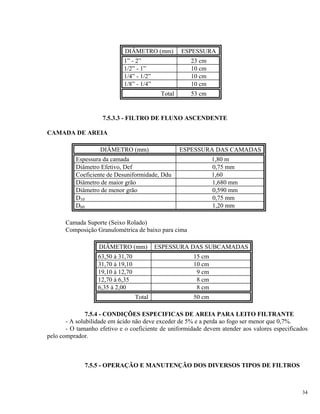 DIÂMETRO (mm) ESPESSURA
1” - 2” 23 cm
1/2” - 1” 10 cm
1/4” - 1/2” 10 cm
1/8” - 1/4” 10 cm
Total 53 cm
7.5.3.3 - FILTRO DE FLUXO ASCENDENTE
CAMADA DE AREIA
DIÂMETRO (mm) ESPESSURA DAS CAMADAS
Espessura da camada 1,80 m
Diâmetro Efetivo, Def 0,75 mm
Coeficiente de Desuniformidade, Ddu 1,60
Diâmetro de maior grão 1,680 mm
Diâmetro de menor grão 0,590 mm
D10 0,75 mm
D60 1,20 mm
Camada Suporte (Seixo Rolado)
Composição Granulométrica de baixo para cima
DIÂMETRO (mm) ESPESSURA DAS SUBCAMADAS
63,50 à 31,70 15 cm
31,70 à 19,10 10 cm
19,10 à 12,70 9 cm
12,70 à 6,35 8 cm
6,35 à 2,00 8 cm
Total 50 cm
7.5.4 - CONDIÇÕES ESPECIFICAS DE AREIA PARA LEITO FILTRANTE
- A solubilidade em ácido não deve exceder de 5% e a perda ao fogo ser menor que 0,7%.
- O tamanho efetivo e o coeficiente de uniformidade devem atender aos valores especificados
pelo comprador.
7.5.5 - OPERAÇÃO E MANUTENÇÃO DOS DIVERSOS TIPOS DE FILTROS
34
 