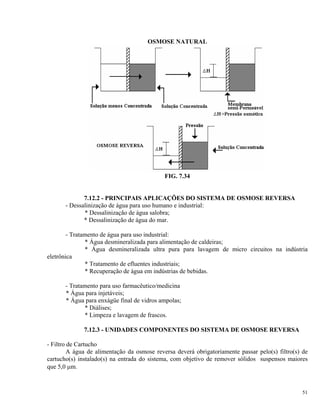 OSMOSE NATURAL
FIG. 7.34
7.12.2 - PRINCIPAIS APLICAÇÕES DO SISTEMA DE OSMOSE REVERSA
- Dessalinização de água para uso humano e industrial:
* Dessalinização de água salobra;
* Dessalinização de água do mar.
- Tratamento de água para uso industrial:
* Água desmineralizada para alimentação de caldeiras;
* Água desmineralizada ultra pura para lavagem de micro circuitos na indústria
eletrônica
* Tratamento de efluentes industriais;
* Recuperação de água em indústrias de bebidas.
- Tratamento para uso farmacêutico/medicina
* Água para injetáveis;
* Água para enxágüe final de vidros ampolas;
* Diálises;
* Limpeza e lavagem de frascos.
7.12.3 - UNIDADES COMPONENTES DO SISTEMA DE OSMOSE REVERSA
- Filtro de Cartucho
A água de alimentação da osmose reversa deverá obrigatoriamente passar pelo(s) filtro(s) de
cartucho(s) instalado(s) na entrada do sistema, com objetivo de remover sólidos suspensos maiores
que 5,0 μm.
51
 