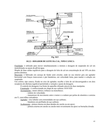 Fig. 10.5
10.2.2 - DOSADOR DE LEITE DA CAL, TIPO CANECA
Finalidade: é utilizado para mover simultaneamente a mistura e dosagem de suspensão de cal em
neutralização ou ajuste do pH da água.
Dispõe de duas saídas reguláveis para a dosagem do leite de cal em concentração de até 10% em dois
pontos distintos.
Descrição: é fabricado em carcaça de fundo semi circular, onde no seu interior gira um agitador
horizontal com braços transversais e pás batedeiras, em velocidade lenta, para manter a solução em
suspensão.
Um coletor, tipo caneca, fixado no eixo do agitador, recolhe o leite de cal descarregando-o em dois
receptores de abertura regulável permitindo a variação e ajuste da dosagem.
O controle de dosagem é na frente do aparelho efetuado através de duas manípulas.
Construção - é confeccionada em chapa de aço carbono 1010/1020
Acionamento - motor elétrico, trifásico ou monofásico;
- redutor de velocidade;
- transmissor de movimento entre o motor e o redutor por polias de alumínio e correias
em V, com trilhos esticadores.
Agitador - eixo tubular com extremidades em aço carbono;
- batedores em perfilados de aço carbono.
Acabamento - pintura interna em duas demãos de zarcão ou em epoxi;
- pintura externa em zarcão ou zarcão mais revestimento de epoxi ou borracha clorada.
65
 