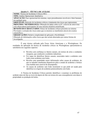47
Quadro 5 – TÉCNICA DE ANÁLISE
NOME: Técnica de Incidentes Críticos (TIC)
TIPO: Análise Operacional, Qualitativa.
APLICAÇÃO: Fase operacional de sistemas, cujos procedimentos envolvem o fator humano,
em qualquer grau.
OBJETIVOS: Detecção de incidentes críticos e tratamento dos riscos que representam.
PRINCÍPIO / METODOLOGIA: Obtenção de dados sobre os IC’s através de entrevistas
com observadores participantes de uma amostra aleatória estratificada.
BENEFÍCIOS E RESULTADOS: Elenco de incidentes críticos presentes no sistema.
Prevenção e correção dos riscos antes que os mesmos se manifestem através de eventos
catastróficos.
OBSERVAÇÕES: Relativa simplicidade de aplicação e flexibilidade;
Obtenção de informações sobre riscos que não seriam detectados por outras formas de
investigação.
É uma técnica utilizada pela Força Aérea Americana e a Westinghouse. Os
resultados da aplicação da técnica de incidentes críticos na Westinghouse apresentaram-se
satisfatória nos seguintes aspectos:
 Revelou com confiança os fatores causais, em termos de erros e condições
inseguras, que conduzem a acidentes industriais;
 Foi capaz de identificar fatores causais, associados tanto a acidentes com
lesão como acidentes sem lesão;
 Revelou uma quantidade maior deformação sobre causas de acidentes, do
que os métodos atualmente disponíveis para o estudo de acidentes e fornece
uma medida mais sensível de desempenho;
 As causas de acidentes sem lesão mostraram se que pode ser usada para
identificar as origens de acidentes potencialmente com lesão.
A Técnica de Incidentes Críticos permite identificar e examinar os problemas de
acidente antes do fato ao invés de depois do fato em termos de suas conseqüências com danos à
propriedade ou produção de lesões.
 