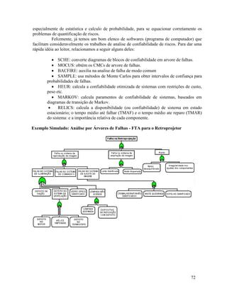 72
especialmente de estatística e calculo de probabilidade, para se equacionar corretamente os
problemas de quantificação de riscos.
Felizmente, já temos um bom elenco de softwares (programa de computador) que
facilitam consideravelmente os trabalhos de analise de confiabilidade de riscos. Para dar uma
rápida idéia ao leitor, relacionamos a seguir alguns deles:
 SCHE: converte diagramas de blocos de confiabilidade em arvore de falhas.
 MOCUS: obtém os CMCs de arvore de falhas.
 BACFIRE: auxilia na analise de falha de modo comum
 SAMPLE: usa métodos de Monte Carlos para obter intervalos de confiança para
probabilidades de falhas.
 HEUR: calcula a confiabilidade otimizada de sistemas com restrições de custo,
peso etc.
 MARKOV: calcula paramentos de confiabilidade de sistemas, baseados em
diagramas de transição de Markov.
 RELICS: calcula a disponibilidade (ou confiabilidade) de sistema em estado
estacionário; o tempo médio até falhar (TMAF) e o tempo médio ate reparo (TMAR)
do sistema: e a importância relativa de cada componente.
Exemplo Simulado: Análise por Árvores de Falhas - FTA para o Retroprojetor
 