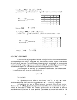 92
8.2) CONFIABILIDADE
Confiabilidade (R) é a probabilidade de um equipamento ou sistema desempenhar
satisfatoriamente suas funções específicas, por um período de tempo, sob um dado conjunto
de condições de operação. A confiabilidade difere do controle de qualidade no sentido de que
este independe do tempo, enquanto que ela é uma medida da qualidade dependente do tempo.
A confiabilidade pode ser considerada como controle de qualidade mais tempo.
A probabilidade de falha (Q), até certa data t, é denominada “não confiabilidade”,
e é o complemento de R (expresso em decimal); isto é:
Q = 1 – R
Por exemplo:
Se a probabilidade de falha de um sistema é de 5%, ou seja, Q = 0,05 a
probabilidade de não haver falha (confiabilidade) será: R = 1 – 0,05 = 0,95 ou 95%.
A freqüência com que as falhas ocorrem, num certo intervalo de tempo, é
chamado taxa de falha ( _ ) e é medida pelo número de falhas para cada hora de operação ou
número de operações do sistema. Por exemplo: quatro falhas em 1.000 horas de operação
representa uma taxa de falha de 0,004 por hora. O recíproco da taxa de falha, ou seja, 1/ λ,
 