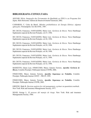 98
BIBLIOGRAFIA CONSULTADA
AGUIAR, Silvio. Integração das Ferramentas da Qualidade ao PDCA e ao Programa Seis
Sigma. Belo Horizonte: Editora de Desenvolvimento Gerencial, 2002.
CAMARGO, C. Celso de Brasil. Métodos probabilísticos de Energia Elétrica: algumas
aplicações. Florianópolis: Ed. Da UFSC, 1987.
DE CICCO, Francesco, FANTAZZINI, Mario Luiz. Gerência de Riscos. Novo Hamburgo:
Suplemento especial da Revista Proteção, vol 27, 1994.
DE CICCO, Francesco, FANTAZZINI, Mario Luiz. Gerência de Riscos. Novo Hamburgo:
Suplemento especial da Revista Proteção, vol 28, 1994.
DE CICCO, Francesco, FANTAZZINI, Mario Luiz. Gerência de Riscos. Novo Hamburgo:
Suplemento especial da Revista Proteção, vol 29, 1994.
DE CICCO, Francesco, FANTAZZINI, Mario Luiz. Gerência de Riscos. Novo Hamburgo:
Suplemento especial da Revista Proteção, vol 30, 1994.
DE CICCO, Francesco, FANTAZZINI, Mario Luiz. Gerência de Riscos. Novo Hamburgo:
Suplemento especial da Revista Proteção, vol 31, 1994.
DE CICCO, Francesco, FANTAZZINI, Mario Luiz. Gerência de Riscos. Novo Hamburgo:
Suplemento especial da Revista Proteção, vol 32, 1994.
BASSETTO, Edson Luis. FINOCCHIO, Marco Antonio Ferreira. Apostila: Gerência de
Riscos. Cornélio Procópio: Publicação Interna UTFPR, 2006.
FINOCCHIO, Marco Antonio Ferreira. Apostila: Segurança no Trabalho. Cornélio
Procópio: Publicação Interna CEFET – PR/CP, 1999.
FINOCCHIO, Marco Antonio Ferreira. Apostila: Segurança no Trabalho. Cornélio
Procópio: Publicação Interna UTFPR, 2005.
GREENE, Mark R. Decision analysis for risk management, a primer on quantitatve methods.
New York: Risk and insurance Managemente Society, 1977.
HEAD, George L. El proceso del manejo de riesgo. New York: Risk and insurance
Managemente Society, 1984.
 