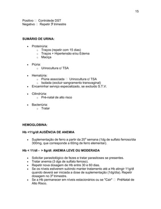 15
Positivo  Controlede DST
Negativo  Repetir 3o
trimestre
SUMÁRIO DE URINA:
 Proteinúria:
o Traços (repetir com 15 dias)
o Traços + Hipertensão e/ou Edema
o Maciça
 Piúria:
o Urinocultura c/ TSA
 Hematúria:
o Piúria associada  Urinocultura c/ TSA
o Isolada (excluir sangramento transvaginal)
 Encaminhar serviço especializado, se excluido S.T.V.
 Cilindrúria:
o Pré-natal de alto risco
 Bacteriúria:
o Tratar
HEMOGLOBINA:
Hb <11g/dl:AUSÊNCIA DE ANEMIA
 Suplementação de ferro a partir da 20a
semana (1dg de sulfato ferroso/dia
300mg, que corresponde a 60mg de ferro elementar).
Hb < 11/dl - > 8g/dl: ANEMIA LEVE OU MODERADA
 Solicitar parasitológico de fezes e tratar parasitoses se presentes.
 Tratar anemia (3 dgs de sulfato ferroso).
 Repetir nova dosagem de Hb entre 30 e 60 dias.
 Se os níveis estiverem subindo manter tratamento até a Hb atingir 11g/dl
quando deverá ser iniciada a dose de suplementação (1dg/dia). Repetir
dosagem no 3o
trimestre.
 Se a Hb permanecer em níveis estacionários ou se "Cair"  Pré-Natal de
Alto Risco.
 