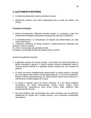 56
5. ALEITAMENTO MATERNO
 A prática de aleitamento materno através do tempo
 aleitamento materno como fator fundamental para a saúde da mulher e da
criança
Fisiologia da lactação
 Fatores fundamentais: Glândula mamária íntegra e a presença e ação dos
mecanismos fisiológicos adequados (produção de ocitocina e prolactina).
 O estabelecimento e a manutenção da lactação são determinados por pelo
menos três fatores:
1 – Estrutura anatômica do tecido mamário e desenvolvimento adequado dos
alvéolos, canais e mamilos.
2 – Início e manutenção da secreção do leite
3- Ejeção ou propulsão do leite dos alvéolos para o mamilo
Anatomia da glândula mamária
 A glândula mamária da mulher consiste num sistema de canais embutidos no
tecido intersticial e gordura. O tecido mamário situa-se diretamente sobre o
músculo grande peitoral e é separado desse músculo por uma camada de
gordura.
 O centro da mama completamente desenvolvido na mulher adulta é marcado
por uma aréola, área cutânea circular pigmentada de 1,5 a 2,5cm de diâmetro.
Feixes de fibras musculares lisas no tecido areolar servem para endurecer o
mamilo para a melhor pegada da criança.
 O mamilo é elevado acima da mama, contendo 15 a 20 canais lactíferos
circundados por tecido fibromuscular. Esses canais, dentro desse
compartimento expandem-se para formar curtos seios lactíferos para
armazenamento de leite.
 Os seios lactíferos são continuações dos canais mamários que se estendem
radialmente do mamilo até a parede torácica, com numerosas ramificações
secundárias.
 