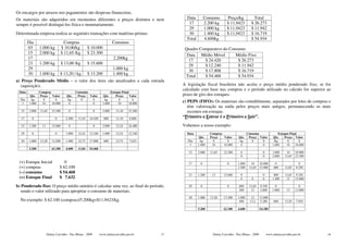 Os encargos por atrasos nos pagamentos são despesas financeiras.
Os materiais são adquiridos em momentos diferentes a preços distintos e nem                            Data         Consumo       Preço/kg             Total
sempre é possível distingui-los física e monetariamente.                                                17          2.200 kg      $ 11,9423          $ 26.273
                                                                                                        29          1.000 kg      $ 11,9423          $ 11.942
Determinada empresa realiza as seguintes transações com matérias-primas:                                30          1.400 kg      $ 11,9423          $ 16.719
                                                                                                       Total        4.600kg                          $ 54.934
        Dia                          Compras                               Consumo
        03      1.000 kg           $ 10.00/kg         $ 10.000                                        Quadro Comparativo do Consumo
        15      2.000 kg           $ 11,65 /kg        $ 23.300
                                                                                                       Data Médio Móvel        Médio Fixo
        17                                                                  2.200kg
                                                                                                        17     $ 24.420         $ 26.273
        23      1.200 kg           $ 13,00 /kg        $ 15.600
                                                                                                        29     $ 12.240         $ 11.942
        29                                                                 1.000 kg
                                                                                                        30     $ 17.808         $ 16.719
        30      1.000 kg         $ 13,20 / kg         $ 13.200             1.400 kg
                                                                                                      Total    $ 54.468         $ 54.934
a) Preço Ponderado Médio – o valor dos itens são atualizados a cada entrada
  (aquisição).                                                                                       A legislação fiscal brasileira não aceita o preço médio ponderado fixo, se for
                                                                                                     calculado com base nas compras e o período utilizado no cálculo for superior ao
 Data           Compras                      Consumo                      Estoque Final
        Qte.     Preço Valor          Qte.    Preço Valor         Qte.        Preço     Valor        prazo de giro dos estoques.
  Dia     kg       $      $            kg       $    $              kg          $         $
   3    1.000     10    10.000          0            0            1.000        10      10.000
                                                                                                     c) PEPS (FIFO): Os materiais são contabilmente, separados por lotes de compras e
                                                                                                        têm valorização na saída pelos preços mais antigos, permanecendo os mais
  15    2.000   11,65     23.300       0                   0      3.000      11,10    33.300            recentes em estoque.
  17      0                  0       2.200    11,10    24.420      800       11,10     8.880         “Primeiro a Entrar é o Primeiro a Sair”.

  23    1.200     13      15.600       0                   0      2.000      12,24    24.480         Voltemos a nosso exemplo:
  29      0                  0       1.000    12,24    12.240     1.000      12,24    12.240           Data            Compras                    Consumo                 Estoque Final
                                                                                                               Qte.    Preço   Valor      Qte.     Preço Valor        Qte.    Preço Valor
  30    1.000   13,20     13.200     1.400    12,72    17.808      600       12,72     7.632           Dia       kg      $        $        kg        $     $           Kg        $      $
                                                                                                        3      1.000    10     10.000      0               0          1.000     10    10.000
        5.200             62.100     4.600    11,84    54.468
                                                                                                        15     2.000   11,65   23.300       0                 0       1.000    10     10.000
                                                                                                                                            0                 0       2.000   11,65   23.300

 (+) Estoque Inicial                0                                                                   17      0                 0       1.000     10      10.000      0               0
 (+) compras                     $ 62.100                                                                                                 1.200    11,65    13.980     800    11,65   9.320
 (–) consumo                     $ 54.468
                                                                                                        23     1.200    13     15.600       0                 0        800    11,65   9.320
 (=) Estoque Final               $ 7.632                                                                                                    0        0        0       1.200    13     15.600

b) Ponderado fixo: O preço médio unitário é calcular uma vez, ao final do período,                      29      0                 0       800      11,65    9.320       0               0
  sendo o valor utilizado para apropriar o consumo de materiais.                                                                          200       13      2.600     1.000     13    13.000

                                                                                                        30     1.000   13,20   13.200     1.000      13     13.000
  No exemplo: $ 62.100 (compras)/5.200kg=$11,9423/kg.                                                                                      400      13,2     5.280     600    13,20   7.920

                                                                                                               5.200           62.100     4.600             54.180




                       Dalmy Carvalho - Puc-Minas - 2009        www.dalmycarvalho.pro.br        17                      Dalmy Carvalho - Puc-Minas - 2009         www.dalmycarvalho.pro.br     18
 