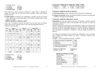 (+) Estoque Inicial               0                                                             Comparativo Média Móvel Média Fixa PEPS UEPS
 (+) Compras                    $ 62.100                                                          Consumo      54.468     54.934    54.180 56.100
 (–) Consumo                    $ 54.180                                                           Estoque      7.632      7.166    7.920 6.000
 (=) Estoque Final              $ 7.920
Num contexto de preços crescentes, utilizando o preço médio, o resultado do                      Tratamento contábil das perdas de materiais
período fica maior, por ter tido como custo do período, valores mais antigos,                    a) Custo dos produtos: perdas normais/previsíveis do processo de fabricação.
portanto menores.                                                                                b) Despesas do período: perdas anormais/involuntárias no processo de fabricação,
d) UEPS (LIFO): Os materiais são contabilmente, separados por lotes de compras                     considerar o princípio da materialidade.
  e têm valorização na saída pelos preços mais recentes, permanecendo os mais
  antigos em estoque.                                                                            Tratamento contábil dos subprodutos e sucatas
“O Último que Entra é o Primeiro a Sair”.                                                        Subprodutos são itens que surgem do processo de produção e possuem mercado
Neste caso, o resultado do período fica menor, por ter como custos do período,                   com preços relativamente estáveis, não possuindo valor relevante em relação ao
valores mais recentes, portanto maiores. Não aceito pela legislação brasileira.                  valor total das vendas.
Voltemos a nosso exemplo:                                                                        Surgem do processo de produção dos itens destinados a venda, sua receita prevista
                                                                                                 deve ser considerada como redução de custo dos produtos principais, criando conta
  Data           Compras                   Consumo                     Estoque Final             específica no ativo. Contabilmente debitamos a conta de estoque de subprodutos,
         Qte.     Preço Valor       Qte.    Preço  Valor          Qte.     Preço Valor           pelo valor líquido de realização, e creditamos a conta de estoque de produtos em
   Dia    kg        $      $        kg        $      $             Kg        $       $
    3    1.000     10    10.000      0               0            1.000     10     10.000        processo.
   15    2.000   11,65   23.300      0                    0       1.000    10     10.000
                                     0                    0       2.000   11,65   23.300
                                                                                                 Valor líquido de realização: Valor de mercado dos subprodutos menos as despesas
                                                                                                 que a empresa terá quando realizar sua venda ( comissões, impostos, frete,
   17     0                 0      2.000    11,65       23.300     800      10     8.000         embalagem, etc.).
                                    200      10          2.000
                                                                                                 Exemplo: Custo da produção do período – $ 20.000
   23    1.200     13    15.600      0                    0        800      10     8.000          (+) Valor de mercado do subproduto            $ 500
                                     0        0           0       1.200     13    15.600
                                                                                                  (-) Impostos                                  $ 15
                                                                                                  (-) Comissões                                 $ 25
   29     0                 0      1.000     13         13.000     800      10     8.000
                                                                   200      13     2.600
                                                                                                  (-) Custos de preparação para venda           $ 60
                                                                                                  = Valor líquido realizável                    $ 400
   30    1.000   13,20   13.200    1.000    13,20       13.200     600      10     6.000
                                    200      13         2.600                                     Produtos em Elaboração                Subprodutos
                                    200      10         2.000
                                                                                                  $ 20.000 $ 400                        $ 400
         5.200           62.100    4.600                56.100

                                                                                                        Quando da realização da venda:
(+) Estoque Inicial                0                                                                     Receita bruta                $ 500
(+) Compras                     $ 62.100                                                                 Impostos                     $ 15
(–) Consumo                     $ 56.100                                                                 Comissões                    $ 25
(=) Estoque Final               $ 6.000                                                                  Receita líquida              $ 460
                                                                                                         Custo subprodutos            $ 400
                                                                                                         Custo de preparação          $ 60
                                                                                                         Resultado                    0

                    Dalmy Carvalho - Puc-Minas - 2009         www.dalmycarvalho.pro.br      19                   Dalmy Carvalho - Puc-Minas - 2009   www.dalmycarvalho.pro.br   20
 