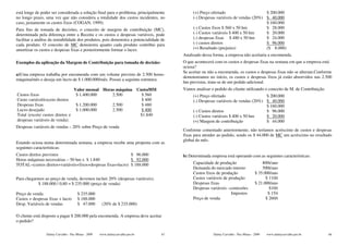 está longe de poder ser considerada a solução final para o problema, principalmente          (+) Preço ofertado                     $ 200.000
no longo prazo, uma vez que não considera a totalidade dos custos incidentes, no             (-) Despesas variáveis de vendas (20%) $ 40.000
caso, justamente os custos fixos (COGAN, 1999).                                                                                     $ 160.000
Para fins de tomada de decisões, o conceito de margem de contribuição (MC),                  (-) Custos fixos $ 560 x 50 hm         $ 28.000
determinada pela diferença entre a Receita e os custos e despesas variáveis, pode            (-) Custos variáveis $ 400 x 50 hm     $ 20.000
facilitar a análise da rentabilidade dos produtos, pois demonstra a potencialidade de        (-) despesas fixas $ 480 x 50 hm       $ 24.000
cada produto. O conceito de MC demonstra quanto cada produto contribui para                  (-) custos diretos                     $ 96.000
amortizar os custos e despesas fixas e posteriormente formar o lucro.                        (=) Resultado (prejuízo)               ($ 8.000)
                                                                                        Analisado dessa forma, a empresa não aceitaria a encomenda.
Exemplos da aplicação da Margem de Contribuição para tomada de decisão:                 O que acontecerá com os custos e despesas fixas na semana em que a empresa está
                                                                                        ociosa?
                                                                                        Se aceitar ou não a encomenda, os custos e despesas fixas não se alteram.Conforme
a)Uma empresa trabalha por encomenda com um volume previsto de 2.500 horas-
                                                                                        demonstramos no início, os custos e despesas fixos já estão absorvidos nas 2.500
máquina/mês e deseja um lucro de $ 1.000.000/mês. Possui a seguinte estrutura:
                                                                                        hm previstas, trata-se de um pedido adicional.
                               Valor mensal Horas máquina Custo/HM                      Vamos analisar o pedido do cliente utilizando o conceito de M. de Contribuição.
Custos fixos                    $ 1.400.000     2.500       $ 560                            (+) Preço ofertado                     $ 200.000
Custo variável/exceto diretos                               $ 400                            (-) Despesas variáveis de vendas (20%) $ 40.000
Despesas fixas                  $ 1.200.000     2.500       $ 480                                                                   $ 160.000
Lucro desejado                  $ 1.000.000     2.500       $ 400                            (-) Custos diretos                     $ 96.000
Total (exceto custos diretos e                             $1.840                            (-) Custos variáveis $ 400 x 50 hm     $ 20.000
despesas variáveis de venda).                                                                (=) Margem de contribuição             $ 44.000
Despesas variáveis de vendas – 20% sobre Preço de venda
                                                                                        Conforme comentado anteriormente, não teríamos acréscimo de custos e despesas
                                                                                        fixas para atender ao pedido, sendo os $ 44.000 de MC um acréscimo no resultado
                                                                                        global do mês.
Estando ociosa numa determinada semana, a empresa recebe uma proposta com as
seguintes características:
Custos diretos previstos                                    $ 96.000                    b) Determinada empresa está operando com as seguintes características:
Horas máquinas necessárias – 50 hm x $ 1.840                $ 92.000
TOTAL–(custos diretos+variáveis+fixos+despesas fixas+lucro) $ 188.000                        Capacidade de produção                      800t/ano
                                                                                             Demanda do mercado interno                  500t/ano
                                                                                             Custos fixos de produção                $ 35.000/ano
Para chegarmos ao preço de venda, devemos incluir 20% (despesas variáveis).                  Custos variáveis de produção                  $ 110/t
           $ 188.000 / 0,80 = $ 235.000 (preço de venda)                                     Despesas fixas                          $ 21.000/ano
                                                                                             Despesas variáveis –comissões                   $10/t
Preço de venda                         $ 235.000                                                                  Impostos                  $ 15/t
Custos + despesas fixas + lucro        $ 188.000                                             Preço de venda                                $ 260/t
Desp. Variáveis de vendas              $ 47.000       (20% de $ 235.000)

O cliente está disposto a pagar $ 200.000 pela encomenda. A empresa deve aceitar
o pedido?

                 Dalmy Carvalho - Puc-Minas - 2009   www.dalmycarvalho.pro.br      67                   Dalmy Carvalho - Puc-Minas - 2009   www.dalmycarvalho.pro.br      68
 