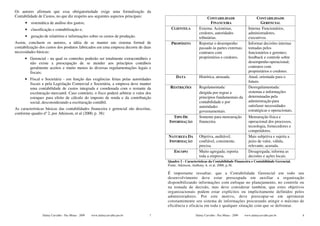 Os autores afirmam que essa obrigatoriedade exige uma formalização da
Contabilidade de Custos, no que diz respeito aos seguintes aspectos principais:                                CONTABILIDADE                        CONTABILIDADE
      • sistemática de análise dos gastos;                                                                        FINANCEIRA                          GERENCIAL
      • classificação e contabilização e;                                               CLIENTELA         Externa: Acionistas,                Interna: Funcionários,
                                                                                                          credores, autoridades               administradores,
      • geração de relatórios e informações sobre os custos de produção.                                  tributárias.                        executivos.
Assim, concluem os autores, a idéia de se manter um sistema formal de                   PROPÓSITO         Reportar o desempenho               Informar decisões internas
contabilização dos custos dos produtos fabricados em uma empresa decorre de duas                          passado às partes externas;         tomadas pelos
necessidades básicas:                                                                                     contratos com                       funcionários e gerentes;
      • Gerencial - na qual os controles poderão ser totalmente extracontábeis e                          proprietários e credores.           feedback e controle sobre
        não existe a preocupação de se atender aos princípios contábeis                                                                       desempenho operacional;
        geralmente aceitos e muito menos às diversas regulamentações legais e                                                                 contratos com
        fiscais;                                                                                                                              proprietários e credores.
                                                                                           DATA           Histórica, atrasada.                Atual, orientada para o
      • Fiscal e Societária - em função das exigências feitas pelas autoridades
                                                                                                                                              futuro.
        fiscais e pela Legislação Comercial e Societária, a empresa deve manter
        uma contabilidade de custos integrada e coordenada com o restante da           RESTRIÇÕES         Regulamentada:                      Desregulamentada:
        escrituração mercantil. Caso contrário, o fisco poderá arbitrar o valor dos                       dirigida por regras e               sistemas e informações
        estoques para efeito de cálculo do imposto de renda e da contribuição                             princípios fundamentais da          determinadas pela
        social, desconsiderando a escrituração contábil.                                                  contabilidade e por                 administração para
                                                                                                          autoridades                         satisfazer necessidades
As características básicas das contabilidades financeira e gerencial são descritas,                                                           estratégicas e operacionais.
                                                                                                          governamentais.
conforme quadro nº 2, por Atkinson, et al (2000, p. 38):
                                                                                         TIPO DE          Somente para mensuração             Mensuração física e
                                                                                       INFORMAÇÃO         financeira.                         operacional dos processos,
                                                                                                                                              tecnologia, fornecedores e
                                                                                                                                              competidores.
                                                                                      NATUREZA DA         Objetiva, auditável,                Mais subjetiva e sujeita a
                                                                                      INFORMAÇÃO          confiável, consistente,             juízo de valor, válida,
                                                                                                          precisa.                            relevante, acurada.
                                                                                          ESCOPO          Muito agregada; reporta             Desagregada; informa as
                                                                                                          toda a empresa.                     decisões e ações locais.
                                                                                      Quadro 2 - Características da Contabilidade Financeira e Contabilidade Gerencial.
                                                                                      Fonte: Atkinson, Anthony A. et al. 2000, p.38.

                                                                                      É importante ressaltar, que a Contabilidade Gerencial em todo seu
                                                                                      desenvolvimento deve estar preocupada em auxiliar a organização
                                                                                      disponibilizando informações com enfoque no planejamento, no controle ou
                                                                                      na tomada de decisão, mas deve considerar também, que estes objetivos
                                                                                      organizacionais podem estar explícitos ou implicitamente definidos pelos
                                                                                      administradores. Por este motivo, deve preocupar-se em aprimorar
                                                                                      constantemente seu sistema de informações procurando atingir o máximo de
                                                                                      eficiência e eficácia em toda e qualquer situação com que se defrontar.

                Dalmy Carvalho - Puc-Minas - 2009   www.dalmycarvalho.pro.br      7                     Dalmy Carvalho - Puc-Minas - 2009   www.dalmycarvalho.pro.br         8
 