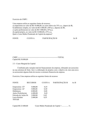 Exercício de CMPC:

Uma empresa utiliza as seguintes fontes de recursos;
a) emprestimo no valor de R$ 10.000,00, ao custo efetivo de 35% a.a., depois do IR,
b) debêntures simples, no valor de R$ 5.000,00 a 40%a.a., depoius do IR,
c) ações preferenciais no valor de R$ 5.000,00 a 45%a.a.
d) capital próprio, no valor de R$ 10.000,00 a 55% a.a.
Qual o Custo Médio Ponderado de Capital da empresa?

FONTE                CUSTO A                PARTICIPAÇÃO B                              Ax B




CMPC------------------------------------------------------------------->TOTAL
Capital R$ 30.000,00

3.3 - Custo Marginal de Capital:

       É definido pela variação total de financiamneto da empresa, efetuando um acrescimo
na sua estrutura de fonte. Isto é a elaboração de projetos com o objetivo de criar uma nova
ou acrescentar alguma fonte de recurso a estrutura financeira da empresa.

Exercício; Uma empresa utiliza as seguintes fontes de recursos:


FONTE                RECURSOS              CUSTO A          PARTICIPAÇÃO B             Ax B

Emprestimo CP              5.000,00            0,35
Emprestimo LP              3.000,00           0,30
Debêntures                 4.000,00           0,40
Ações Preferênciais        6.000,00            0,45
Emissão de Ações Or        3.000,00           0.45
Lucro Retidos              2.000,00           0,55
TOTAIS


Capital R$ 23.000,00             Custo Médio Ponderado de Capital =................%
 