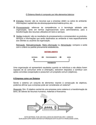 9



              O Sistema Aberto é composto por três elementos básicos:


 Entradas (inputs): são os recursos que a empresa obtém ou extrai do ambiente:
  informações/ capital/mão-de-obra/equipamentos/matéria-prima, etc.

 Processamento: refere-se às competências e à tecnologia adotada pela
  organização, tanto em termos organizacionais como administrativos, para a
  transformação dos recursos utilizados em bens e serviços.

 Saídas (outputs): são os resultados do processamento e compreendem os produtos,
  serviços e informações que serão destinados ao ambiente e mais especificamente
  aos clientes ou usuários da organização.

   Retroação, Retroalimentação, Retro informação ou Alimentação: compara a saída
   com o critério ou padrão previamente estabelecido.

                                         SISTEMA ABERTO


                       ENTRADA              PROCESSAMENTO                         SAÍDA



                                               FEEDBACK


Uma organização só apresentará resultados quando os indivíduos a ela afetos forem
capazes de se comunicar entre si (interação), estiverem dispostos a contribuir com
ações concretas (cooperação) e possuírem um propósito comum (objetivos).


A Empresa como um Sistema

Sendo o sistema um conjunto de elementos visando à consecução de objetivos,
podemos afirmar que a empresa pode ser considerada um sistema?

Resposta: Sim. O objetivo central de uma empresa como sistema é a transformação de
bens, de valores de recursos humanos, materiais e financeiros.




                 RECURSOS HUMANOS
                 RECURSOS FINANCEIROS                               PRODUTOS / SERVIÇOS
                 TECNOLOGIA
                 RECURSOS FÍSICOS
                                        PROCESSO DE TRANSFORMAÇÃO




            ESTE MATERIAL É DE USO EXCLUSIVO DA DISCIPLINA ARH = UNINOVE
      QUALQUER CÓPIA SEM A DEVIDA AUTORIZAÇÃO ESTÁ SUJEITA A PENALIDADE LEGAL.
 