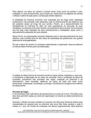 31

Para efetivar um plano de carreira é preciso tomar como ponto de partida a auto-
avaliação e o auto-conhecimento, para à partir daí, desenvolver os objetivos de carreira
e efetuar o plano de ação para a consecução destes objetivos.

A viabilidade do indivíduo encontrar uma colocação que lhe traga maior satisfação
profissional e remuneração mais adequada, está no direcionamento dos objetivos que
ele pretende atingir ao longo de sua carreira. Porém, se o desenvolvimento de
competências do indivíduo for além de suas expectativas na execução de suas
atividades, na empresa onde está inserido, provavelmente ele irá buscar outra empresa
que lhe exija maior aplicação de seus conhecimentos e habilidades, assim como o
aproveitamento adequado de suas atitudes.

Dessa forma, as organizações precisam despertar para o real aproveitamento de seus
talentos, caso contrário terá um alto índice de rotatividade de profissionais com grande
potencial de empregabilidade.

Por ser o plano de carreira um processo sistematizado e organizado, deve-se observar
os fatores determinantes para sua elaboração:


              PREVISÃO
                DAS
               VAGAS                                             TREINAMENTO

                                                  PLANO          SUBSTITUIÇÃO
                                     PLANO
              AVALIAÇÃO                             DE            CONTRATAÇÃO
                                       DE
                 DE                SUCESSÃO       AÇÃO
              POTENCIAL                                          PROMOÇÃO

                                                                 PROGRAMA DE
              AVALIAÇÃO                                           MELHORIA DE
                 DE                                               DESEMPENHO
             DESEMPENHO




A análise da oferta interna de recursos humanos requer estudo cuidadoso e, para isso,
é necessária a elaboração de um plano de sucessão. Para a confecção do plano de
sucessão, precisamos das previsões das vagas, avaliação de potencial e de
desempenho; como resultado, obtém-se um plano de ação que pode incluir
treinamento, substituição, contratação, promoção, transferência e programa de melhoria
de desempenho.


Previsão de Vagas
É recomendado fazer estimativas de pessoal para um prazo de 2 anos. Previsões para
dois anos permitem ações por parte da organização no tocante ao desenvolvimento de
pessoal.

Exemplo: o Diretor de certa unidade em conjunto com Recursos Humanos estima suas
necessidades de pessoal para os próximos dois anos São feitos ajustes a cada 6
meses ou 1 ano, em função de mudanças nos planos organizacionais, fatos externos

            ESTE MATERIAL É DE USO EXCLUSIVO DA DISCIPLINA ARH = UNINOVE
      QUALQUER CÓPIA SEM A DEVIDA AUTORIZAÇÃO ESTÁ SUJEITA A PENALIDADE LEGAL.
 