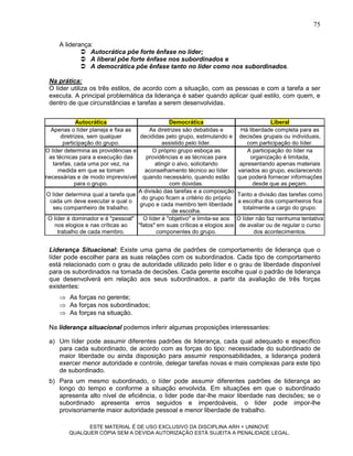 75

     A liderança:
              Autocrática põe forte ênfase no líder;
              A liberal põe forte ênfase nos subordinados e
              A democrática põe ênfase tanto no líder como nos subordinados.

 Na prática:
 O líder utiliza os três estilos, de acordo com a situação, com as pessoas e com a tarefa a ser
 executa. A principal problemática da liderança é saber quando aplicar qual estilo, com quem, e
 dentro de que circunstâncias e tarefas a serem desenvolvidas.


              Autocrática                        Democrática                               Liberal
  Apenas o líder planeja e fixa as       As diretrizes são debatidas e        Há liberdade completa para as
       diretrizes, sem qualquer      decididas pelo grupo, estimulando e      decisões grupais ou individuais,
        participação do grupo.                assistido pelo líder.              com participação do líder.
O líder determina as providências e       O próprio grupo esboça as              A participação do líder na
 as técnicas para a execução das       providências e as técnicas para            organização é limitada,
   tarefas, cada uma por vez, na           atingir o alvo, solicitando        apresentando apenas materiais
     medida em que se tomam            aconselhamento técnico ao líder       variados ao grupo, esclarecendo
necessárias e de modo imprevisível quando necessário, quando estão           que poderá fornecer informações
             para o grupo.                       com dúvidas.                      desde que as peçam.
                                    A divisão das tarefas e a composição
O líder determina qual a tarefa que                                          Tanto a divisão das tarefas como
                                      do grupo ficam a critério do próprio
  cada um deve executar e qual o                                             a escolha dos companheiros fica
                                     grupo e cada membro tem liberdade
   seu companheiro de trabalho.                                                totalmente a cargo do grupo.
                                                   de escolha.
 O líder é dominador e é "pessoal"    O líder é "objetivo" e limita-se aos   O líder não faz nenhuma tentativa
    nos elogios e nas críticas ao   "fatos" em suas críticas e elogios aos    de avaliar ou de regular o curso
     trabalho de cada membro.               componentes do grupo.                   dos acontecimentos.


 Liderança Situacional: Existe uma gama de padrões de comportamento de liderança que o
 líder pode escolher para as suas relações com os subordinados. Cada tipo de comportamento
 está relacionado com o grau de autoridade utilizado pelo líder e o grau de liberdade disponível
 para os subordinados na tomada de decisões. Cada gerente escolhe qual o padrão de liderança
 que desenvolverá em relação aos seus subordinados, a partir da avaliação de três forças
 existentes:
      As forças no gerente;
      As forças nos subordinados;
      As forças na situação.

 Na liderança situacional podemos inferir algumas proposições interessantes:

 a) Um líder pode assumir diferentes padrões de liderança, cada qual adequado e específico
    para cada subordinado, de acordo com as forças do tipo: necessidade do subordinado de
    maior liberdade ou ainda disposição para assumir responsabilidades, a liderança poderá
    exercer menor autoridade e controle, delegar tarefas novas e mais complexas para este tipo
    de subordinado.
 b) Para um mesmo subordinado, o líder pode assumir diferentes padrões de liderança ao
    longo do tempo e conforme a situação envolvida. Em situações em que o subordinado
    apresenta alto nível de eficiência, o líder pode dar-lhe maior liberdade nas decisões; se o
    subordinado apresenta erros seguidos e imperdoáveis, o líder pode impor-lhe
    provisoriamente maior autoridade pessoal e menor liberdade de trabalho.

               ESTE MATERIAL É DE USO EXCLUSIVO DA DISCIPLINA ARH = UNINOVE
         QUALQUER CÓPIA SEM A DEVIDA AUTORIZAÇÃO ESTÁ SUJEITA A PENALIDADE LEGAL.
 