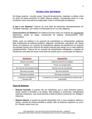 8


                                TEORIA DOS SISTEMAS
Do Grego systema – reunião, grupo. Conjunto de elementos, materiais, ou idéias, entre
os quais se possa encontrar ou definir alguma relação, coordenados entre si e que
funcionam como uma estrutura organizada, visam à consecução de objetivos.


O que é um Sistema? Trata-se de uma série de elementos interdependentes em
constante interação, com vistas à consecução de um ou mais objetivos.

Como funciona um Sistema? Um sistema funciona como um conjunto de subsistemas
(elementos, partes ou órgão, componente do sistema, dinamicamente inter-
relacionados).

Então, como um sistema é um conjunto de subsistemas ou componentes, podemos
falar amplamente de sistemas políticos, religiosos, econômicos, educativos, etc. Desta
forma, um sistema é um conjunto de subsistemas capazes de transformar um conjunto
de entradas (inputs) num conjunto de saídas (outputs) para atingir um ou mais objetivos
predeterminados. Trata-se de um conjunto de componentes interligados e capazes de
transformar uma série de inputs numa série de outputs para a consecução de objetivos.


             Organismos                                    Organizações

          Herdam seus traços                       Adquirem estrutura em estágios

                Morrem                                Podem ser reorganizadas

    Têm ciclo de vida predeterminado                Não tem ciclo de vida definido

          São seres concretos                            São seres abstratos

          São seres completos                          São seres incompletos

       A doença é um distúrbio no      O problema é um desvio nos procedimentos adotados pela
             processo vital                                 organização



Tipos de Sistemas

•   Sistema Fechado: é quando não há intercâmbio com o meio ambiente externo,
    sendo restrito a entradas e as saídas. São limitados e previsíveis, considerados
    sistemas mecânicos, cujo funcionamento é determinístico e previsível. Ex: Relógio e
    máquinas.

•   Sistema Aberto: é quando há grande intercâmbio com o meio ambiente, externo e
    interno, através de muitas entradas e saídas. São os sistemas orgânicos ou vivos.
    Ex: Plantas, seres vivos, etc.


             ESTE MATERIAL É DE USO EXCLUSIVO DA DISCIPLINA ARH = UNINOVE
       QUALQUER CÓPIA SEM A DEVIDA AUTORIZAÇÃO ESTÁ SUJEITA A PENALIDADE LEGAL.
 