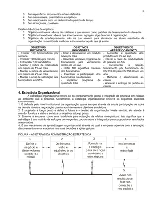 3. Ser específicos, circunscritos e bem definidos.
4. Ser mensuráveis, quantitativos e objetivos.
5. Ser relacionados com um determinado período de tempo.
6. Ser alcançáveis, possíveis.
Existem três tipos de objetivos:
1. Objetivos rotineiros: são os do cotidiano e que servem como padrões de desempenho do dia-a-dia.
2. Objetivos inovadores: são os que incorporam ou agregam algo de novo à organização.
3. Objetivos de aperfeiçoamento: são os que servem para alavancar os atuais resultados da
organização no sentido de melhorar e incrementar aquilo que já existe.
OBJETIVOS
ROTINEIROS
OBJETIVOS
INOVADORES
OBJETIVOS DE
APERFEIÇOAMENTO
- Treinar 100 homens/hora por
semana
- Produzir 120 bolas por minuto
- Entrevistar 120 candidatos
- Manter o índice de rotatividade
em menos de 1% ao mês
- Manter o índice de absenteísmo
em menos de 2% ao mês
- Manter o nível de satisfação dos
funcionários em 95%
- Criar e desenvolver um produto
novo por mês
- Desenhar um novo programa de
treinamento para vendedores
dentro de um ano
- Obter 100 sugestões mensais
dos funcionários
- Incentivar a participação dos
funcionários nas decisões.
- Implantar programa de
qualidade total
- Aumentar a qualidade dos
produtos em 5% ao ano.
- Elevar o nível de produtividade
do pessoal em 5%
- Incrementar a relação
faturamento pór funcioinário de
R$ 210,00 para R$ 350,00 em um
ano
- Melhorar o atendimento ao
cliente
- Acelerar a entrega do pedido ao
cliente
4. Estratégia Organizacional
A estratégia organizacional refere-se ao comportamento global e integrado da empresa em relação
ao ambiente que a circunda. Geralmente, a estratégia organizacional envolve os seguintes aspectos
fundamentais:
1. É definida pelo nível institucional da organização, quase sempre através da ampla participação de todos
os demais níveis e negociação quanto aos interesses e objetivos envolvidos.
2. É projetada a longo prazo e define o futuro e o destino da organização. Neste sentido, ela atende à
missão, focaliza a visão e enfatiza os objetivos a longo prazo.
3. Envolve a empresa como uma totalidade para obtenção de efeitos sinergísticos. Isto significa que a
estratégia é um mutirão de esforços convergentes, coordenados e integrados para proporcionar resultados
alavancados.
4. É um mecanismo de aprendizagem organizacional através do qual a empresa aprende com a retroação
decorrente dos erros e acertos nas suas decisões e ações globais.
FIGURA – AS ETAPAS DA ADMINISTRAÇÃO ESTRATÉGICA
14
1
Definir o
negócio e
desenvolvero
sentido de
missão
5
Avaliar os
resultadose
fazeras
correç ões
nec essárias
4
Implementar
a
estratégia
3
Formular a
estratégia
para alcançar
os objetivos
estratégicos
2
Definir uma
visão e
estabelec er os
objetivos
 