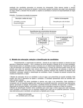 aceitação dos candidatos aprovados no processo de comparação. Pode apenas prestar o serviço
especializado, aplicar as técnicas de seleção e recomendar aqueles candidatos que julgar mais adequados
ao cargo. Porém, a decisão final de aceitar ou rejeitar os candidatos é sempre de responsabilidade do órgão
requisitante.
FIGURA - O processo de seleção de pessoas
Rejeição = - + = Aprovação
4. Modelo de colocação, seleção e classificação de candidatos
Freqüentemente, a organização de defronta – através do seu órgão de seleção ou através de seus
gerentes e respectivas equipes –, com o problema de tomar decisões a respeito de um ou mais candidatos.
Cada decisão sobre um candidato envolve o indivíduo em um determinado tratamento. Tratamento significa
o tipo de resolução a ser tomada. O número de tratamentos e o número de indivíduos podem variar de uma
decisão para outra. As restrições mais comuns são: número de tratamentos por pessoas e número de
pessoas por tratamento. De acordo com o tratamento, podemos distinguir três modelos de decisão sobre
candidatos: colocação, seleção e classificação de candidatos. Assim, a seleção de pessoal comporta três
modelos de tratamento, a saber:
1.Modelo de colocação: Há só um candidato e uma só vaga a ser preenchida por aquele candidato. Este
modelo não inclui a alternativa de rejeitar o candidato. O candidato apresentado deve ser admitido sem
sofrer qualquer rejeição.
2.Modelo de seleção: Há vários candidatos e apenas uma vaga a ser preenchida. Cada candidato é
comparado com os requisitos exigidos pelo cargo que se pretende preencher, ocorrendo duas alternativas,
apenas: aprovação ou rejeição. Se aprovado, o candidato deverá ser admitido. Se reprovado, o candidato é
dispensado do processo seletivo, pois existem vários outros candidatos e apenas um deles irá ocupá-lo.
3.Modelo de classificação: Existem vários candidatos para cada vaga e várias vagas para cada candidato.
Cada candidato é comparado com os requisitos exigidos pelo cargo que se pretende preencher. Ocorrem
duas alternativas para o candidato: ser aprovado ou rejeitado para o cargo.
Modelo de Colocação
Um candidato para uma vaga
31
Descrição e análise do cargo
- Atividades a executar
- Responsabilidades
Padrões de desempenho
Desejados para cada atividade
Especificações das características das pessoas
Relação das qualificações pessoais necessárias
Comparação
para verificar
a adequação
Fontes de informação sobre
o candidato
- Formulário preenchido
- Testes de seleção
- Referências
Decisão
 