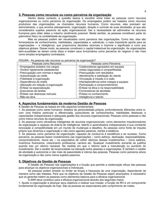 3. Pessoas como recursos ou como parceiros da organização
Dentro desse contexto, a questão básica é escolher entre tratar as pessoas como recursos
organizacionais ou como parceiros da organização. Os empregados podem ser tratados como recursos
produtivos das organizações: os chamados recursos humanos. Como recursos, eles precisam ser
administrados, o que envolve planejamento, organização, direção e controle de suas atividades, já que são
considerados sujeitos passivos da ação organizacional. Daí a necessidade de administrar os recursos
humanos para obter deles o máximo rendimento possível. Neste sentido, as pessoas constituem parte do
patrimônio físico na contabilidade da organização.
Mas as pessoas podem ser visualizadas como parceiros das organizações. Como tais, elas são
fornecedoras de conhecimentos, habilidades, capacidades e, sobretudo, o mais importante aporte para as
organizações – a inteligência, que proporciona decisões racionais e imprime o significado e rumo aos
objetivos globais. Desse modo, as pessoas constituem o capital intelectual da organização. As organizações
bem-sucedidas se deram conta disso e tratam seus funcionários como parceiros do negócio e não mais
como simples empregados contratados.
FIGURA - As pessoas são recursos ou parceiros da organização?
Pessoas como Recursos Pessoas como Parceiros
- Empregados isolados nos cargos
- Horário rigidamente estabelecido
- Preocupação com normas e regras
- Subordinação ao chefe
- Fidelidade à organização
- Dependência da chefia
- Alienação em relação à organização
- Ênfase na especialização
- Executoras de tarefas
- Ênfase nas destrezas manuais
- Mão-se-obra
- Colaboradores agrupados em equipes
- metas negociadas e compartilhadas
- Preocupação com resultados
- Atendimento e satisfação do cliente
- Vinculação à missão e à visão
- Interdependência entre colegas e equipes
- Participação e comprometimento
- Ênfase na ética e na responsabilidade
- Fornecedoras de atividade
- Ênfase no conhecimento
- Inteligência e talento
4. Aspectos fundamentais da moderna Gestão de Pessoas
A Gestão de Pessoas se baseia em três aspectos fundamentais:
1. As pessoas como seres humanos: dotados de personalidade própria, profundamente diferentes entre si,
com uma história particular e diferenciada, possuidores de conhecimentos, habilidades destrezas e
capacidades indispensáveis à adequada gestão dos recursos organizacionais. Pessoas como pessoas e não
como meros recursos da organização.
2. As pessoas como ativadores inteligentes de recursos organizacionais: como elementos impulsionadores
da organização e capazes de dotá-la de inteligência, talento e aprendizados indispensáveis à sua constante
renovação e competitividade em um mundo de mudanças e desafios. As pessoas como fonte de impulso
próprio que dinamiza a organização e não como agentes passivos, inertes e estáticos.
3. As pessoas como parceiros da organização: capazes de conduzi-la à excelência e ao sucesso. Como
parceiros, as pessoas fazem investimentos nas organizações – como esforço, dedicação, responsabilidade,
comprometimento, riscos etc – na expectativa de colher retornos desses investimentos – como salários,
incentivos financeiros, crescimento profissional, carreira etc. Qualquer investimento somente se justifica
quando traz um retorno razoável. Na medida em que o retorno será a manutenção ou aumento do
investimento. Daí o caráter de reciprocidade na interação entre pessoas e organizações. E também o caráter
de atividade e autonomia e não mais de passividade e inércia das pessoas. Pessoas como parceiros ativos
da organização e não como meros sujeitos passivos.
5. Objetivos da Gestão de Pessoas
A Gestão de Pessoas nas organizações é a função que permite a colaboração eficaz das pessoas
para alcançar os objetivos organizacionais e individuais.
As pessoas podem ampliar ou limitar as forças e fraquezas de uma organização, dependendo da
maneira como são tratadas. Para que os objetivos da Gestão de Pessoas sejam alcançados, é necessário
que os gerentes tratem as pessoas como elementos básicos para a eficácia organizacional.
A ARH deve contribuir para a eficácia organizacional através dos seguintes meios:
1. Ajudar a organização a alcançar seus objetivos e realizar sua missão: a função de RH é um componente
fundamental da organização de hoje. São as pessoas as responsáveis pelo cumprimento de metas.
4
 