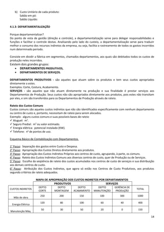 b) Custo Unitário de cada produto:
      Sabão em pó:
      Sabão Líquido:

4.1.3- DEPARTAMENTALIZAÇÃO

Porque departamentalizar?
Do ponto de vista de gestão (direção e controle), a departamentalização serve para delegar responsabilidades e
funções e facilitar o controle destas. Analisando pelo lado do custeio, a departamentalização serve para traduzir
melhor o consumo dos recursos indiretos da empresa, ou seja, facilita o rastreamento de todos os gastos incorridos
num determinado período.

Consiste em dividir a fábrica em segmentos, chamados departamentos, aos quais são debitados todos os custos de
produção neles incorridos.
Existem dois grandes grupos:
    • DEPARTAMENTOS PRODUTIVOS,
   •    DEPARTAMENTOS DE SERVIÇOS.

DEPARTAMENTOS PRODUTIVOS - são aqueles que atuam sobre os produtos e tem seus custos apropriados
diretamente a estes.
Exemplos: Corte, Costura, Acabamento.
SERVIÇOS - são aqueles que não atuam diretamente na produção e sua finalidade é prestar serviços aos
Departamentos de Produção. Seus custos não são apropriados diretamente aos produtos, pois estes não transitam
por eles, e sim são transferidos para os Departamentos de Produção através de rateio.

Rateio dos Custos Comuns
Custos comuns são aqueles custos indiretos que não são identificados especificamente com nenhum departamento
ou centro de custo e, portanto, necessitam de rateio para serem alocados.
Exemplo: alguns custos comuns e suas possíveis bases de rateio
 Aluguel: m2.
 Seguro Predial: m2 ou valor estimado.
 Energia elétrica: potencial instalado (KW).
 Telefone: no de pontos de uso.

Esquema Básico de Contabilização com Departamentos

1o Passo: Separação dos gastos entre Custo e Despesa.
2o Passo: Apropriação dos Custos Diretos diretamente aos produtos.
3o Passo: Apropriação dos Custos Indiretos Próprios aos centros de custo, agrupando, à parte, os comuns.
4o Passo: Rateio dos Custos Indiretos Comuns aos diversos centros de custo, quer de Produção ou de Serviços.
5o Passo: Escolha da seqüência de rateio dos custos acumulados nos centros de custo de serviços e sua distribuição
aos demais centros de custo.
6o Passo: Atribuição dos Custos Indiretos, que agora só estão nos Centros de Custo Produtivos, aos produtos
segundo critérios de rateio adequados.

                    MAPA DE APROPRIAÇÃO DOS CUSTOS INDIRETOS POR DEPARTAMENTOS
                               PRODUTIVOS                        SERVIÇOS
                      DEPTO          DEPTO           DEPTO          DEPTO         GERÊNCIA DE
CUSTOS INDIRETOS                                                                                    TOTAL
                      CORTE        MONTAGEM       ACABAMENTO      MANUTENÇÃO       PRODUÇÃO
                        250             200            150             100             300          1000
  Mão de obra
                        120             80             100             60              40            400
 Energia Elétrica
                        50              30             50              20               0            150
Manutenção Máq.

                                                                                                               14
 