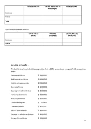 CUSTOS DIRETOS        CUSTOS INDIRETOS DE         CUSTOS TOTAIS
                                                              FABRICAÇÃO

Bombons

Barras

Total



b) custo unitário de cada produto:

                                     CUSTO TOTAL                 VOLUME              CUSTO UNITÁRIO
                                       (EM R$)                  (UNIDADE)              (EM R$/UN)

Bombons

Barras




         EXERCÍCIO DE FIXAÇÃO 1

         A Industrial Canarinho, industrializa os produtos ALFA e BETA, apresentando em agosto/2008, os seguintes
         gastos:

         Depreciação fábrica                    $ 65.000,00

         Salário operários fábrica              $ 110.000,00

         Matéria prima consumida                $ 530.000,00

         Seguro da fábrica                      $ 25.000,00

         Seguro prédio administrativo           $ 15.000,00

         Honorários da diretoria                $ 50.000,00

         Manutenção fábrica                     $ 35.000,00

         Correios e telégrafos                  $    5.000,00

         Comissão s/vendas                      $ 10.000,00

         Juros s/ financiamento                 $ 15.000,00

         Despesas c/ veículos vendedores        $ 12.000,00

         Energia elétrica fábrica               $ 40.000,00
                                                                                                              18
 
