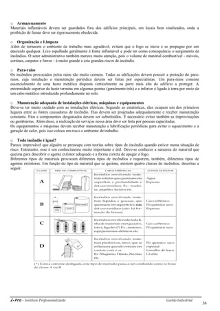 i-Pro - Instituto Profissionalizante Gestão Industrial
36
o Armazenamento
Materiais inflamáveis devem ser guardados fora dos edifícios principais, em locais bem sinalizados, onde a
proibição de fumar deve ser rigorosamente obedecida.
o Organização e Limpeza
Além de tornarem o ambiente de trabalho mais agradável, evitam que o fogo se inicie e se propague por um
descuido qualquer. Lixo espalhado geralmente é fonte inflamável e pode ter como consequência o surgimento de
incêndios. O setor administrativo também merece muita atenção, pois o volume de material combustível - móveis,
cortinas, carpetes e forros - é muito grande e cria grandes riscos de incêndio.
o Para-raios
Os incêndios provocados pelos raios são muito comuns. Todas as edificações devem possuir a proteção do para-
raios, cuja instalação e manutenção periódica devem ser feitas por especialistas. Um para-raios consiste
essencialmente de uma haste metálica disposta verticalmente na parte mais alta do edifício a proteger. A
extremidade superior da haste termina em algumas pontas (geralmente três) e a inferior é ligada à terra por meio de
um cabo metálico introduzido profundamente no solo.
o Manutenção adequada de instalações elétricas, máquinas e equipamentos
Deve-se ter muito cuidado com as instalações elétricas. Segundo as estatísticas, elas ocupam um dos primeiros
lugares entre as fontes causadoras de incêndio. Elas devem ser projetadas adequadamente e receber manutenção
constante. Fios e componentes desgastados devem ser substituídos. É necessário evitar também as improvisações
ou gambiarras. Além disso, a realização de serviços nessa área deve ser feita por pessoas capacitadas.
Os equipamentos e máquinas devem receber manutenção e lubrificação periódicas para evitar o aquecimento e a
geração de calor, pois isso coloca em risco o ambiente de trabalho.
o Todo incêndio é igual?
Parece improvável que alguém se preocupe com teorias sobre tipos de incêndio quando estiver numa situação de
risco. Entretanto, esse é um conhecimento muito importante e útil. Deve-se conhecer a natureza do material que
queima para descobrir o agente extintor adequado e a forma correta de apagar o fogo.
Diferentes tipos de materiais provocam diferentes tipos de incêndios e requerem, também, diferentes tipos de
agentes extintores. Em função do tipo de material que se queima, existem quatro classes de incêndios, descritas a
seguir:
 