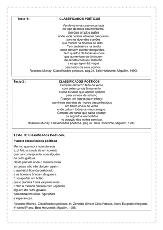 Texto 1: CLASSIFICADOS POÉTICOS
Vende-se uma casa encantada
no topo da mais alta montanha.
tem dois amplos salões
onde você poderá oferecer banquetes
para os duendes e anões
que moram na floresta ao lado.
Tem jardineiras na janela
onde convém plantar margaridas.
Tem quartos de todas as cores
que aumentam ou diminuem
de acordo com seu tamanho
e na garagem há vagas
para todos os seus sonhos.
Roseana Murray. Classificados poéticos, pag.34. Belo Horizonte, Miguilim, 1990.
Texto 2 : CLASSIFICADOS POÉTICOS
Compro um barco feito de vento
com velas cor de firmamento
e uma bússola que aponte sempre
para as luas de saturno.
Compro um barco que conheça
caminhos secretos de mares desconhecidos
um barco cheio de vento
onde caibam todos os meus amigos.
Compro um barco que saiba decifrar
os segredos escondidos
no coração das noites sem luar.
Roseana Murray. Classificados poéticos, pag.32. Belo Horizonte, Miguilim, 1990.
Texto 3: Classificados Poéticos.
Planeta classificados poéticos
Menino que mora num planeta
azul feito a cauda de um cometa
quer se corresponder com alguém
de outra galáxia.
Neste planeta onde o menino mora
as coisas não vão tão bem assim:
o azul está ficando desbotado
e os homens brincam de guerra.
É só apertar um botão
que o planeta Terra vai pelos ares...
Então o menino procura com urgência
alguém de outra galáxia
para trocarem selos, figurinhas
e esperanças.
Roseana Murray. Classificados poéticos. In: Zeneide Silva e Célia Passos. Novo Eu gosto integrado,
4ª série/5º ano. Belo Horizonte: Miguilim, 1985.
 