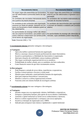 GESTÃO DE PESSOAS I
Professora Tatiani Fernandes Teixeira
tatianift@outlook.com28
Recrutamento Interno Recrutamento Externo
Os cargos vagos são preenchidos por funcionários, Os cargos vagos são preenchidos por candidatos
que são selecionados e promovidos dentro da orga- externos que são selecionados e ingressam na or-
nização. ganização.
Os candidatos são recrutados internamente dentro Os candidatos são recrutados externamente no
dos quadros da própria empresa. mercado de recursos humanos.
Os candidatos já são conhecidos pela organização, Os candidatos são desconhecidos pela organização
passaram por testes de seleção, passaram por pro- e precisam ser testados e avaliados pelo processo
grama de treinamento e foram avaliados quanto ao seletivo.
seu desempenho.
As oportunidades de emprego melhor são ofereci-
das aos próprios funcionários, que podem subir a As oportunidades de emprego são oferecidas ao
postos melhores e desenvolver sua carreira profis- mercado, cujos candidatos podem disputá-las.
sional dentro da organização.
Fonte: Chiavenato (2008, p. 118).
O recrutamento interno apresenta vantagens e desvantagens:
a) Vantagens:
 Aproveita melhor o potencial humano da organização;
 Motiva e encoraja o desenvolvimento profissional dos atuais funcionários;
 Incentiva a permanência e a fidelidade dos funcionários à organização;
 Ideal para situações de estabilidade e pouca mudança ambiental;
 Não requer socialização organizacional de novos membros;
 Probabilidade de melhor seleção, pois os candidatos são bem conhecidos;
 Custo financeiro menor do que fazer recrutamento externo.
b) Desvantagens:
 Pode bloquear a entrada de novas ideias, experiências e expectativas;
 Facilita o conservantismo e favorece a rotina atual;
 Mantém quase inalterado o atual patrimônio humano da organização;
 Ideal para empresas burocráticas e mecanicistas;
 Mantém e conserva a cultura organizacional existente.
 Funciona como um sistema fechado de reciclagem contínua.
O recrutamento externo tem suas vantagens e desvantagens:
a) Vantagens:
 Introduz sangue novo na organização: talentos, habilidades e expectativas;
 Enriquece o patrimônio humano, pelo aporte de novos talentos e habilidades;
 Aumenta o capital intelectual ao incluir novos conhecimentos e destrezas;
 Renova a cultura organizacional e a enriquece com novas aspirações;
 Incentiva a interação da organização com o MRH;
 Indicado para enriquecer mais intensa e rapidamente o capital intelectual.
 