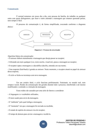 GESTÃO DE PESSOAS I
Professora Tatiani Fernandes Teixeira
tatianift@outlook.com48
Comunicação
É normal notarmos em nosso dia a dia, com pessoas da família, do trabalho ou qualquer
outra com quem dialoguemos, que fazer o outro entender a mensagem que estamos querendo passar,
nem sempre é fácil.
O processo de comunicação é, de forma simplificada, executado conforme o diagrama
abaixo:
Algoritmo básico da comunicação:
- O emissor elabora mentalmente a mensagem que deseja passar ao receptor;
- Utilizando um meio qualquer (voz, texto escrito, visual etc), passa a mensagem ao receptor;
- O receptor capta a mensagem e a decodifica (decifra, entende) em sua mente;
- Uma resposta (feed-back) é gerada ao emissor. Neste momento, o receptor atuará no papel de emissor
dessa resposta;
- O ciclo se fecha ou recomeça com nova mensagem.
Em um cenário ideal, o ciclo funciona perfeitamente. Entretanto, no mundo real, nem
sempre é assim. Ruídos de comunicação são gerados durante todo o processo, interferindo e até mesmo
modificando o conteúdo e a intenção da mensagem.
Esses ruídos são causados por uma série de fatores a considerar:
- A linguagem e o vocabulário utilizados;
- O meio usado para envio da mensagem;
- O “ambiente” pelo qual trafega a mensagem;
- O “momento” em que a mensagem foi enviada ou recebida;
- O estado de espírito do emissor e/ou do receptor;
- O tempo de demora para enviar a mensagem e recebê-la.
 