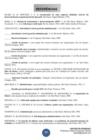 GESTÃO DE PESSOAS I
Professora Tatiani Fernandes Teixeira
tatianift@outlook.com53
REFERÊNCIAS
BLAKE, R. R.; MOUTON, J. S. A estruturação de uma empresa dinâmica através do
desenvolvimento organizacional do tipo grid. São Paulo: Edgard Blücher, 1976.
BOOG, G. G. Manual de treinamento e desenvolvimento ABNT. 3. ed. São Paulo: Makron, 1999.
Cavalcanti, V. L. et al. Liderança e motivação. Rio de Janeiro: FGV, 2005. (Série Gestão de Pessoas).
CHIAVENATO, I. Introdução à teoria geral da administração. 3. ed. São Paulo: Atlas, 1983.
______. Introdução à teoria geral da administração. 4. ed. São Paulo: Makron, 1993.
______. Recursos humanos. 6. ed. Compacta. São Paulo: Atlas, 2000.
______. Gestão de pessoas: o novo papel dos recursos humanos nas organizações. Rio de Janeiro:
Alsevier/Campus, 2004.
______. Gerenciando com as pessoas: transformando o executivo em um excelente gestor de pessoas.
Rio de Janeiro: Elsevier/Campus, 2005.
______. Gestão de pessoas: o novo papel dos recursos humanos nas organizações. 3. ed. Rio de Janeiro:
Alsevier/Campus, 2008.
______. Gestão de pessoas: o novo papel dos recursos humanos nas organizações. 4. ed. São Paulo:
Manole, 2014.
COVEY, S. R. Três funções do líder no novo paradigma. In: PETER F. DRUCKER FOUNDATION. O
líder do futuro: visões, estratégias e práticas para uma nova era. Tradução de Cynthia Azevedo. São
Paulo: Futura, 1996. p. 159-168.
______. Liderança baseada em princípios. Tradução Astrid Beatriz de Figueiredo. Rio de Janeiro:
Campus, 2002.
DRUCKER, F. P. Administração: responsabilidades, tarefas, práticas. São Paulo: Pioneira, 1995. 3 v.
______. Desafios gerenciais para o século XXI. São Paulo: Pioneira, 1999.
______. Introdução. In: HESSELBEIN, F.; GOLDSMITH, M.; BECKHARD, R. A organização do
futuro: como preparar hoje as empresas de amanhã. 4. ed. São Paulo: Futura, 2000.
ERVILHA, A. J. L. Liderando equipes para otimizar resultados. São Paulo: Nobel, 2003.
FLEURY, M. T. L.; FISCHER, R. M. (Coord.). Cultura e poder nas organizações. São Paulo: Atlas,
1989.
HAMPTON, D. R. Administração: processos administrativos. São Paulo: McGraw-Hill, 1990.
HERSEY, P.; BLANCHARD, K. H. Psicologia para administradores. São Paulo: EPU, 1986.
HERZBERG, F. O conceito da higiene como motivação e os problemas do potencial humano de
trabalho. In: HAMPTON, D. L. Conceitos de comportamento na administração. São Paulo: EPU, 1973.
 