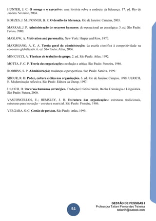 GESTÃO DE PESSOAS I
Professora Tatiani Fernandes Teixeira
tatianift@outlook.com54
HUNTER, J. C. O monge e o executivo: uma história sobre a essência da liderança. 17. ed. Rio de
Janeiro: Sextante, 2004.
KOUZES, J. M.; POSNER, B. Z. O desafio da liderança. Rio de Janeiro: Campus, 2003.
MARRAS, J. P. Administração de recursos humanos: do operacional ao estratégico. 3. ed. São Paulo:
Futura, 2000.
MASLOW, A. Motivation and personality. New York: Harper and Row, 1970.
MAXIMIANO, A. C. A. Teoria geral da administração: da escola científica à competitividade na
economia globalizada. 6. ed. São Paulo: Atlas, 2006.
MINICUCCI, A. Técnicas do trabalho de grupo. 2. ed. São Paulo: Atlas, 1992.
MOTTA, F. C. P. Teoria das organizações: evolução e crítica. São Paulo: Pioneira, 1986.
ROBBINS, S. P. Administração: mudanças e perspectivas. São Paulo: Saraiva, 1999.
SROUR, R. H. Poder, cultura e ética nas organizações. 6. ed. Rio de Janeiro: Campos, 1998. ULRICH,
B. Modernização reflexiva. São Paulo: Editora da Unesp, 1997.
ULRICH, D. Recursos humanos estratégico. Tradução Cristina Bazán, Bazán Tecnologia e Linguística.
São Paulo: Futura, 2000.
VASCONCELLOS, E.; HEMSLEY, J. R. Estrutura das organizações: estruturas tradicionais,
estruturas para inovação – estrutura matricial. São Paulo: Pioneira, 1986.
VERGARA, S. C. Gestão de pessoas. São Paulo: Atlas, 1999.
Fernandes Teixeira | tatianift@outlook.com
 
