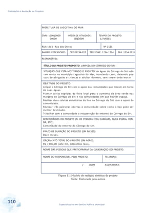Elaboração e Avaliação de Projetos
110 Especialização em Gestão Pública Municipal
OBJETIVOS DO PROJETO:
Limpar o Córrego do Siri com o apoio das comunidades que moram em torno
de suas águas.
Plantar várias espécies da flora local para o aumento da área verde nas
margens do Córrego do Siri e nas comunidades em que houver espaço.
Realizar duas coletas voluntárias de lixo no Córrego do Siri com o apoio da
comunidade.
Realizar três palestras abertas à comunidade sobre como o lixo pode ser
melhor destinado.
Trabalhar com a comunidade a recuperação do entorno do Córrego do Siri.
BENEFICIÁRIOS DO PROJETO (N. DE PESSOAS E/OU FAMÍLIAS, FAIXA ETÁRIA, REN-
DA, ETC.)
Comunidade do entorno do Córrego do Siri.
PRAZO DE DURAÇÃO DO PROJETO (EM MESES):
Doze meses.
ORÇAMENTO TOTAL DO PROJETO (EM REAIS):
R$ 7.800,00 (sete mil, oitocentos reais).
NOME DAS PESSOAS QUE PARTICIPARAM DA ELABORAÇÃO DO PROJETO:
NOME DO RESPONSÁVEL PELO PROJETO: TELEFONE:
/ /2009 ASSINATURA:
TÍTULO DO PROJETO PROPOSTO: LIMPEZA DO CÓRREGO DO SIRI
SITUAÇÃO QUE ESTÁ MOTIVANDO O PROJETO: As águas do Córrego do Siri subi-
ram muito no município Lagostina do Mar, inundando casas, deixando pes-
soas desabrigadas e crianças e adultos doentes, sem terem onde morar.
PREFEITURA DE LAGOSTINA DO MAR
CNPJ: 100010000 INÍCIO DE ATIVIDADE: TEMPO DO PROJETO:
00000 26/4/2009 12 MESES
RUA (AV.) Rua das Ostras Nº 2121
BAIRRO: PESCADORES CEP 01234-012 TELEFONE: 1234-1234 FAX: 1234-1235
RESPONSÁVEL:
Figura 11: Modelo de redação sintética de projeto
Fonte: Elaborada pela autora
 