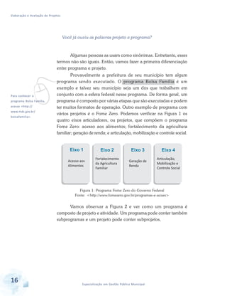 Elaboração e Avaliação de Projetos
16 Especialização em Gestão Pública Municipal
Você já ouviu as palavras projeto e programa?
Algumas pessoas as usam como sinônimas. Entretanto, esses
termos não são iguais. Então, vamos fazer a primeira diferenciação
entre programa e projeto.
Provavelmente a prefeitura de seu município tem algum
programa sendo executado. O programa Bolsa Família é um
exemplo e talvez seu município seja um dos que trabalhem em
conjunto com a esfera federal nesse programa. De forma geral, um
programa é composto por várias etapas que são executadas e podem
ter muitos formatos de operação. Outro exemplo de programa com
vários projetos é o Fome Zero. Podemos verificar na Figura 1 os
quatro eixos articuladores, ou projetos, que compõem o programa
Fome Zero: acesso aos alimentos; fortalecimento da agricultura
familiar; geração de renda; e articulação, mobilização e controle social.
vPara conhecer o
programa Bolsa Família,
acesse <http://
www.mds.gov.br/
bolsafamilia>.
Eixo 1 Eixo 2 Eixo 3 Eixo 4
Acesso aos
Alimentos
Fortalecimento
da Agricultura
Familiar
Geração de
Renda
Articulação,
Mobilização e
Controle Social
Figura 1: Programa Fome Zero do Governo Federal
Fonte: <http://www.fomezero.gov.br/programas-e-acoes>
Vamos observar a Figura 2 e ver como um programa é
composto de projeto e atividade. Um programa pode conter também
subprogramas e um projeto pode conter subprojetos.
 